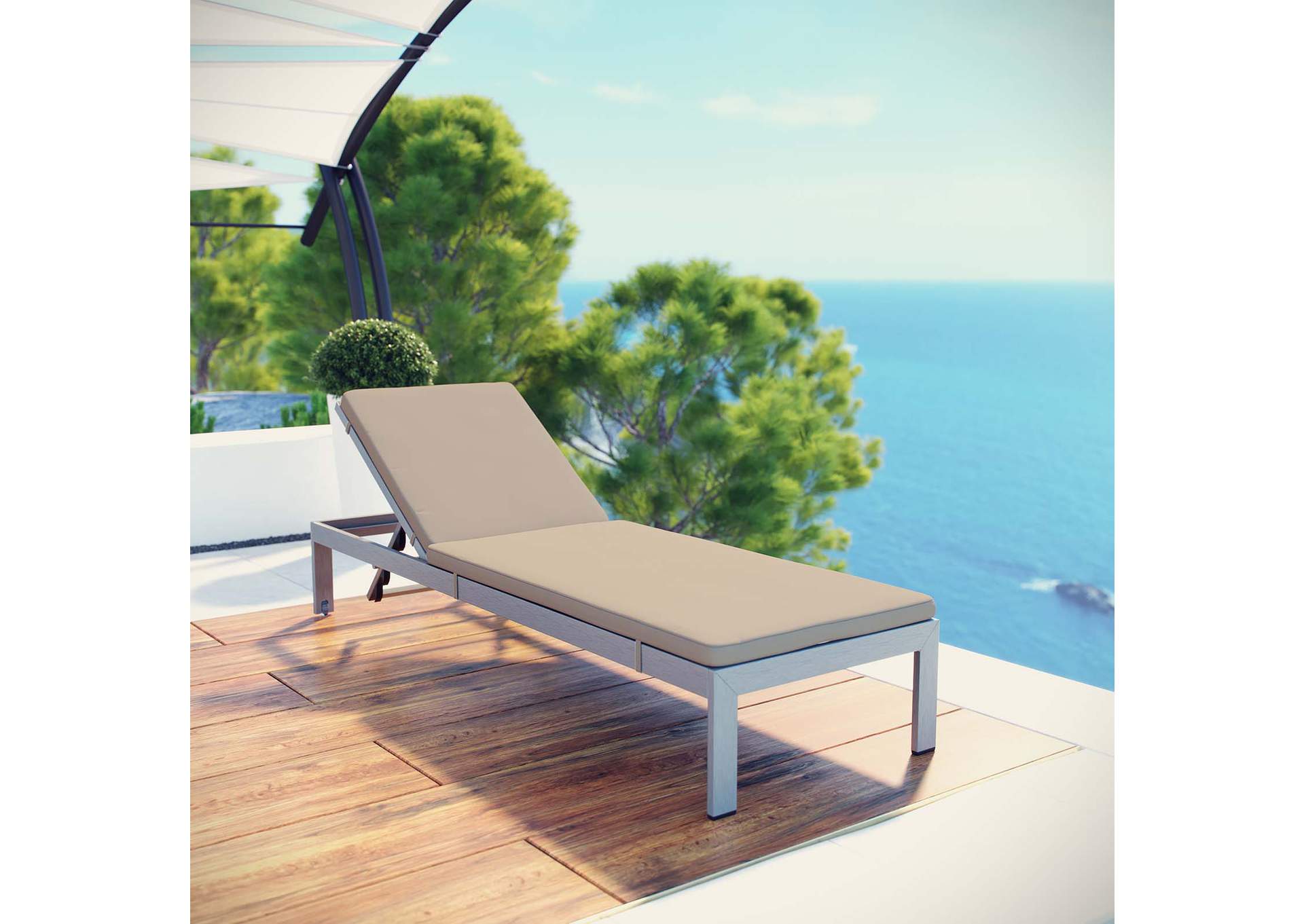 Silver Beige Shore Outdoor Patio Aluminum Chaise with Cushions,Modway