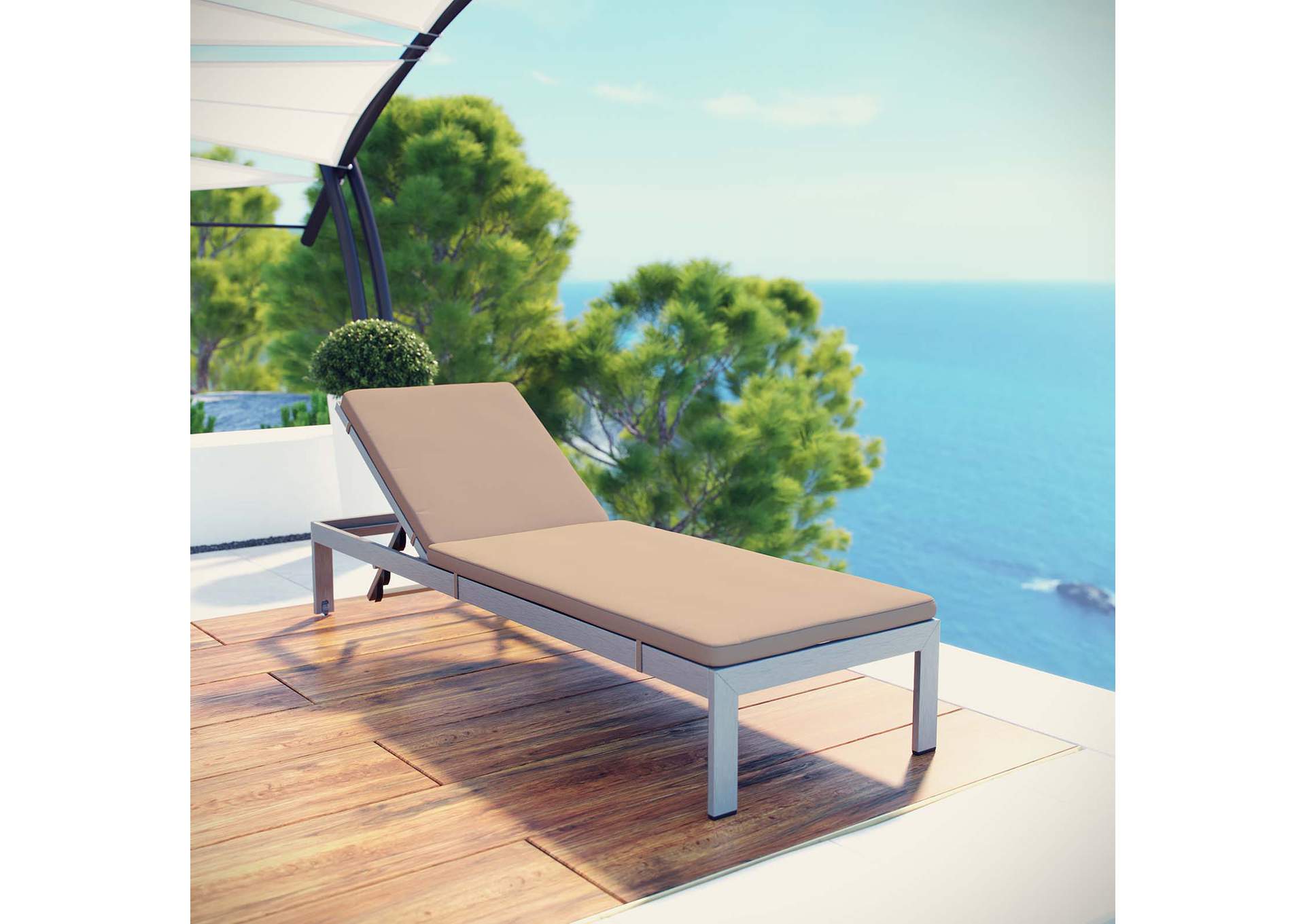 Silver Mocha Shore Outdoor Patio Aluminum Chaise with Cushions,Modway