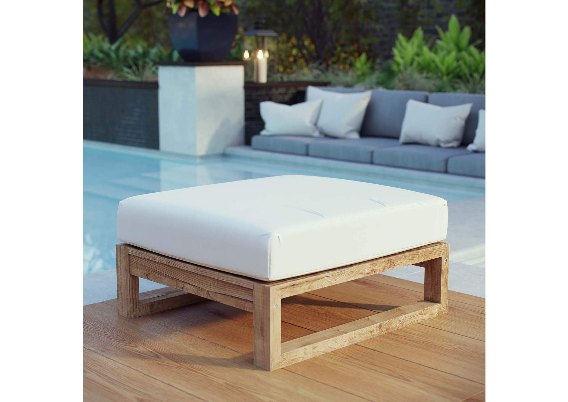 Natural White Upland Outdoor Patio Teak Ottoman,Modway