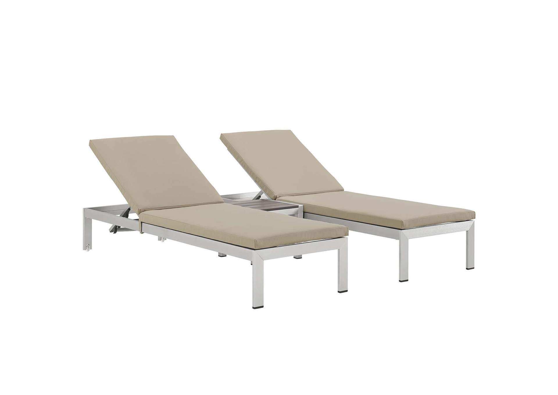 Silver Beige Shore 3 Piece Outdoor Patio Aluminum Chaise with Cushions,Modway