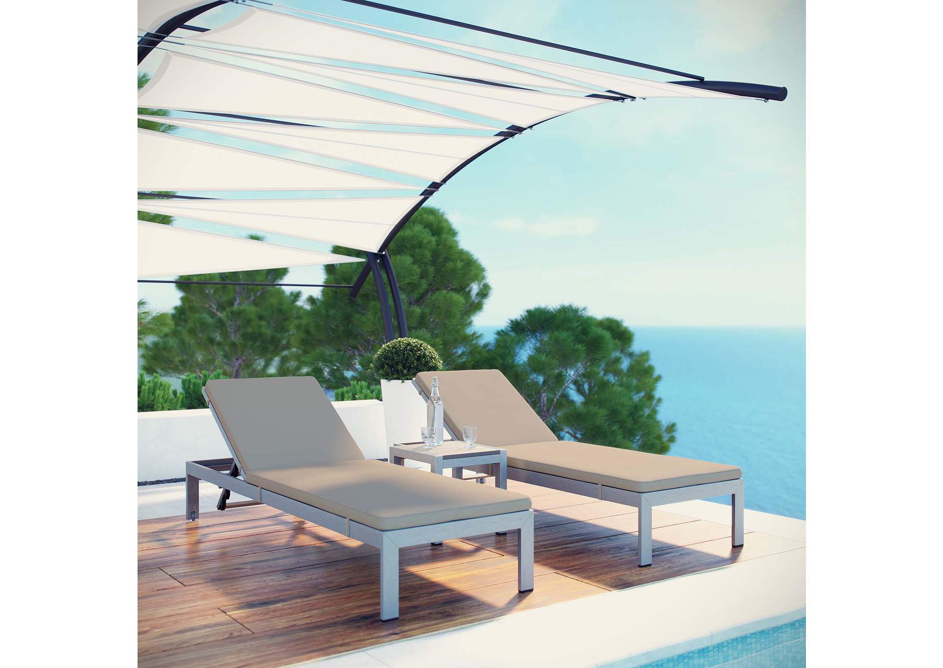 Silver Beige Shore 3 Piece Outdoor Patio Aluminum Chaise with Cushions,Modway