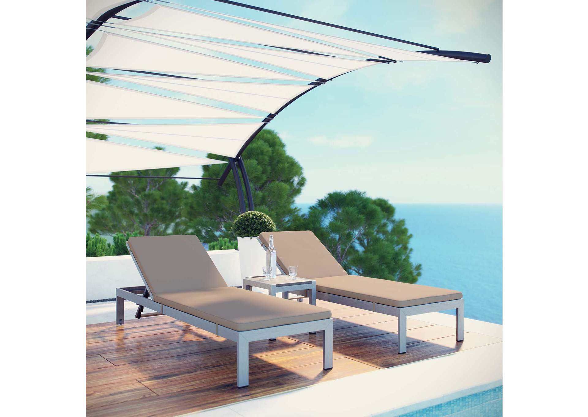 Silver Mocha Shore 3 Piece Outdoor Patio Aluminum Chaise with Cushions,Modway