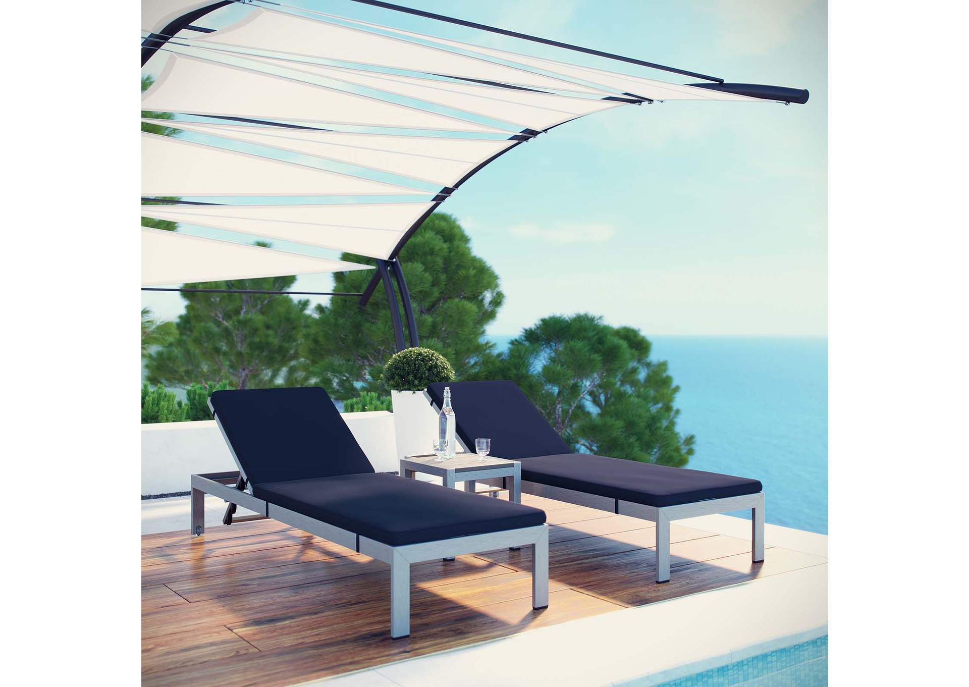 Silver Navy Shore 3 Piece Outdoor Patio Aluminum Chaise with Cushions,Modway