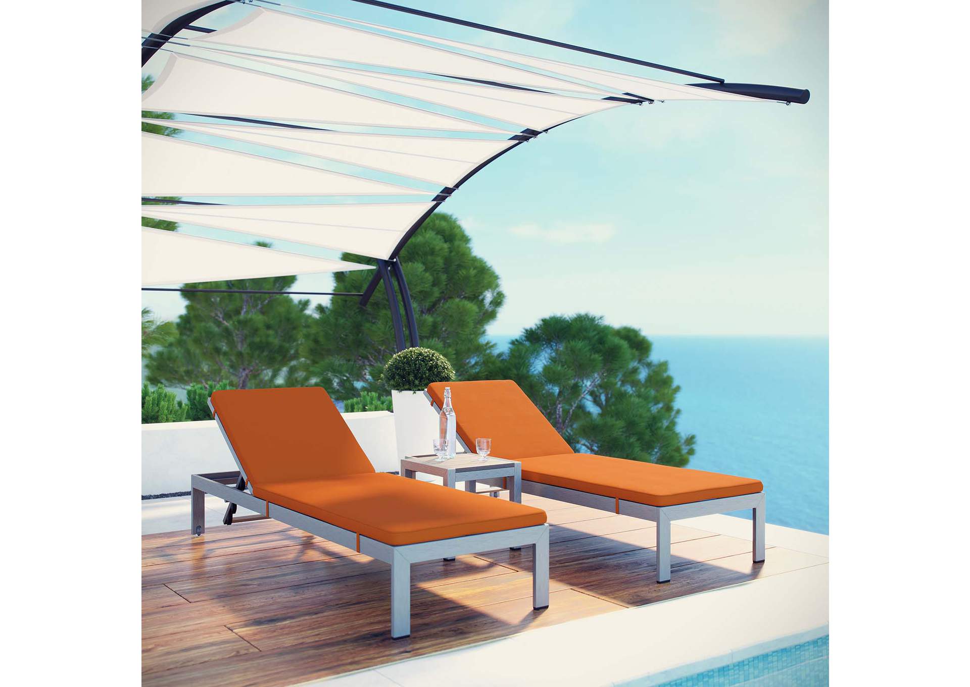Silver Orange Shore 3 Piece Outdoor Patio Aluminum Chaise with Cushions,Modway