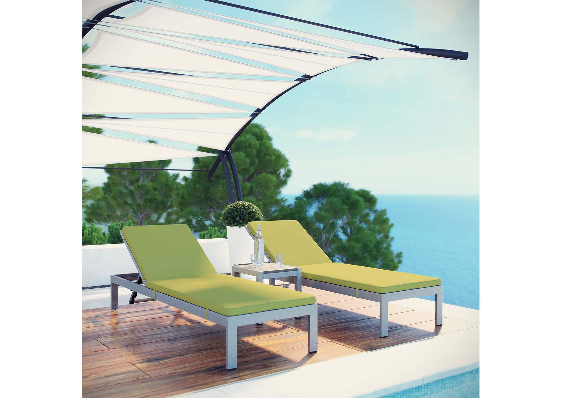 Silver Peridot Shore 3 Piece Outdoor Patio Aluminum Chaise with Cushions,Modway