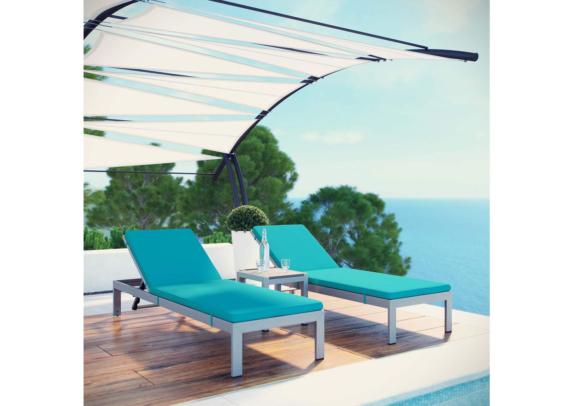 Silver Turquoise Shore 3 Piece Outdoor Patio Aluminum Chaise with Cushions,Modway