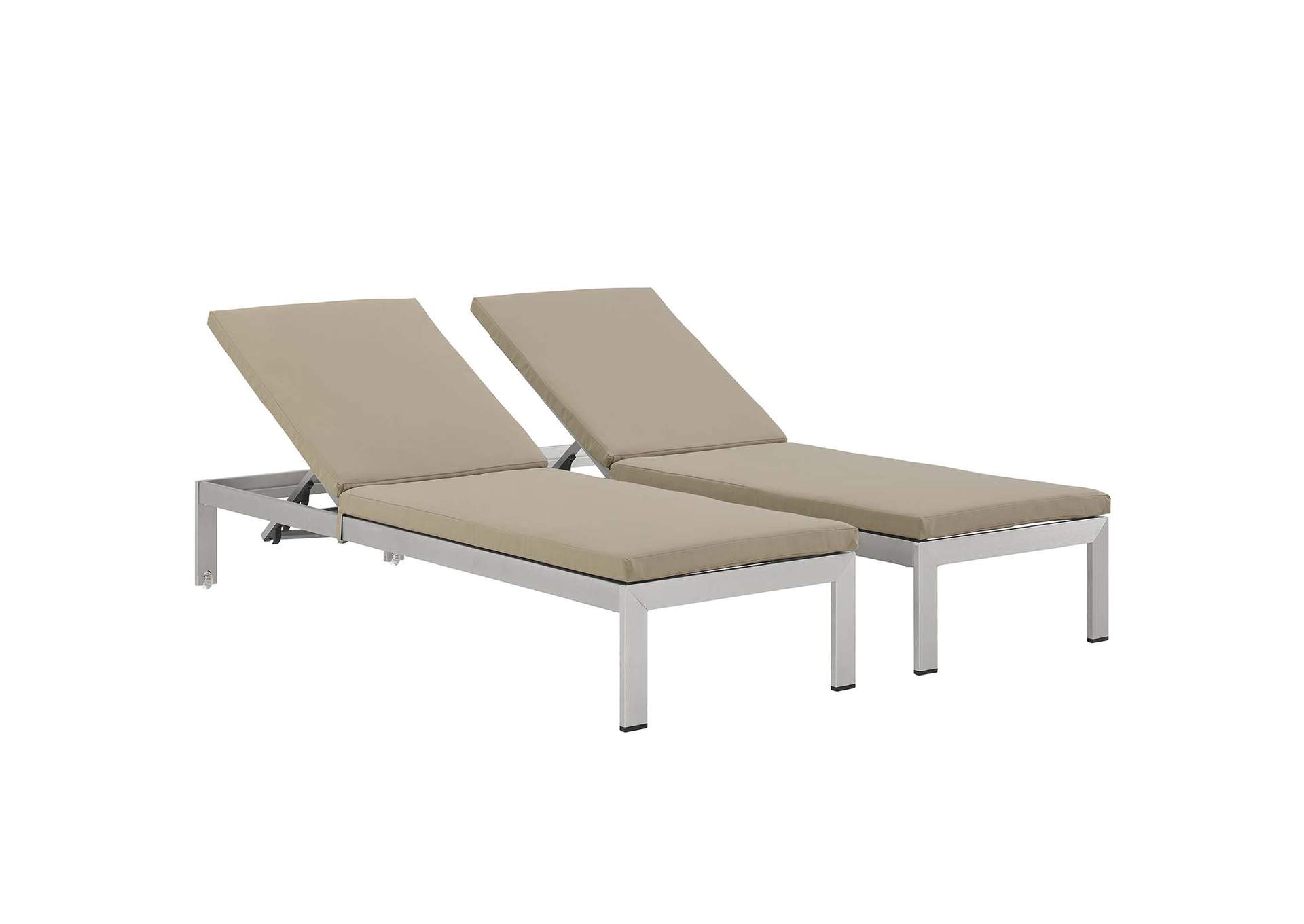 Silver Beige Shore Chaise with Cushions Outdoor Patio Aluminum [Set of 2],Modway