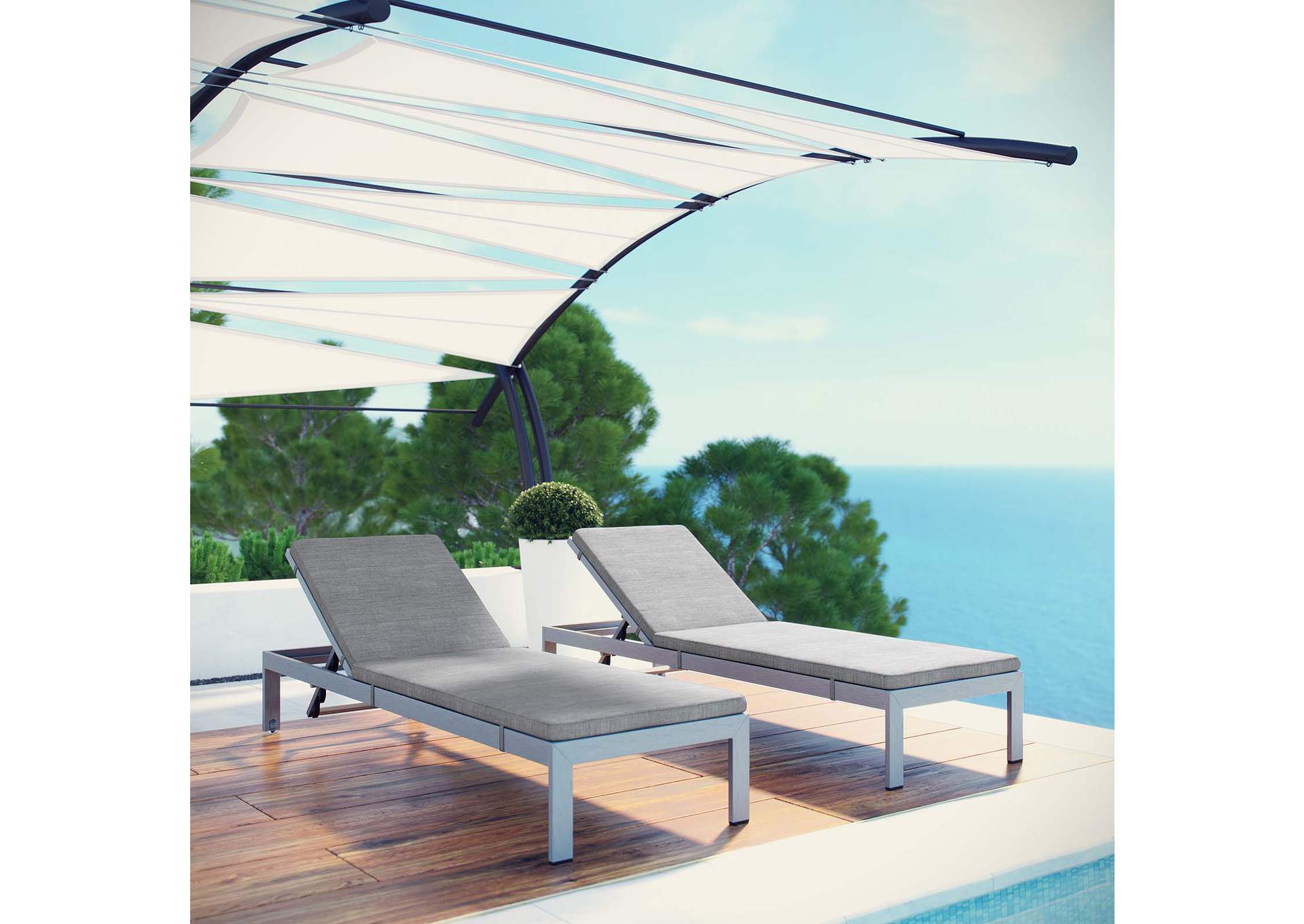 Silver Gray Shore Chaise with Cushions Outdoor Patio Aluminum [Set of 2],Modway