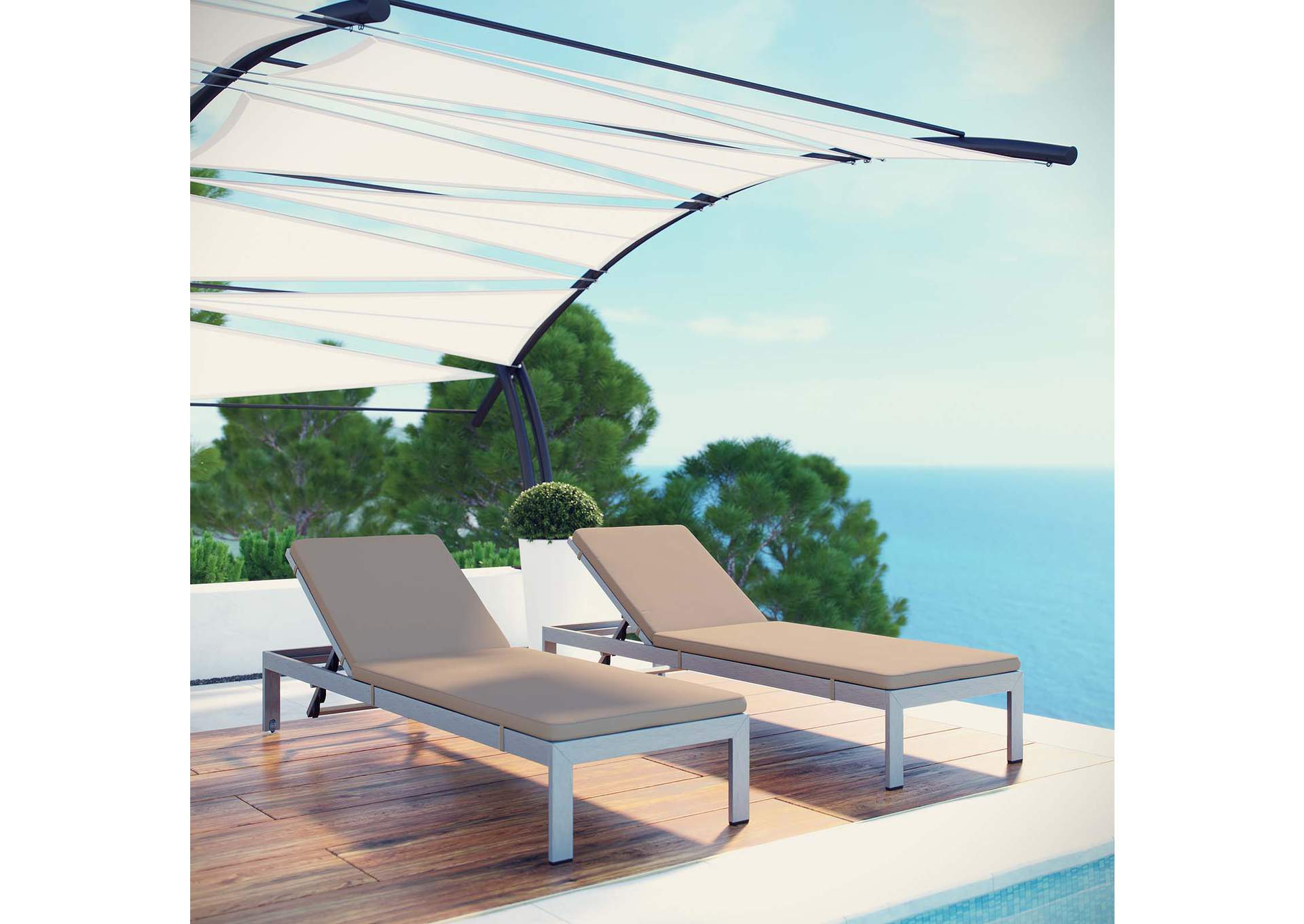Silver Mocha Shore Chaise with Cushions Outdoor Patio Aluminum [Set of 2],Modway