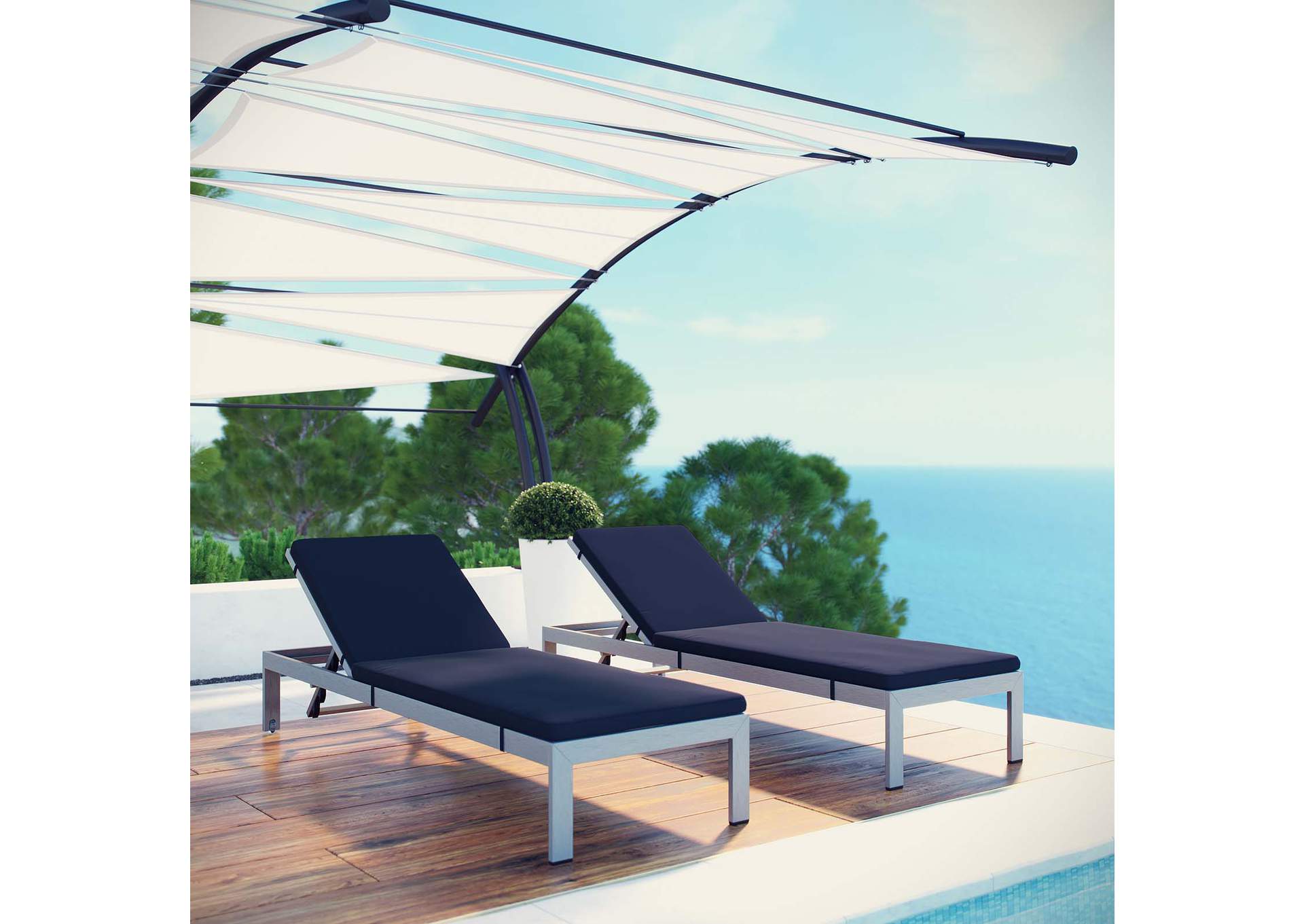 Silver Navy Shore Chaise with Cushions Outdoor Patio Aluminum [Set of 2],Modway