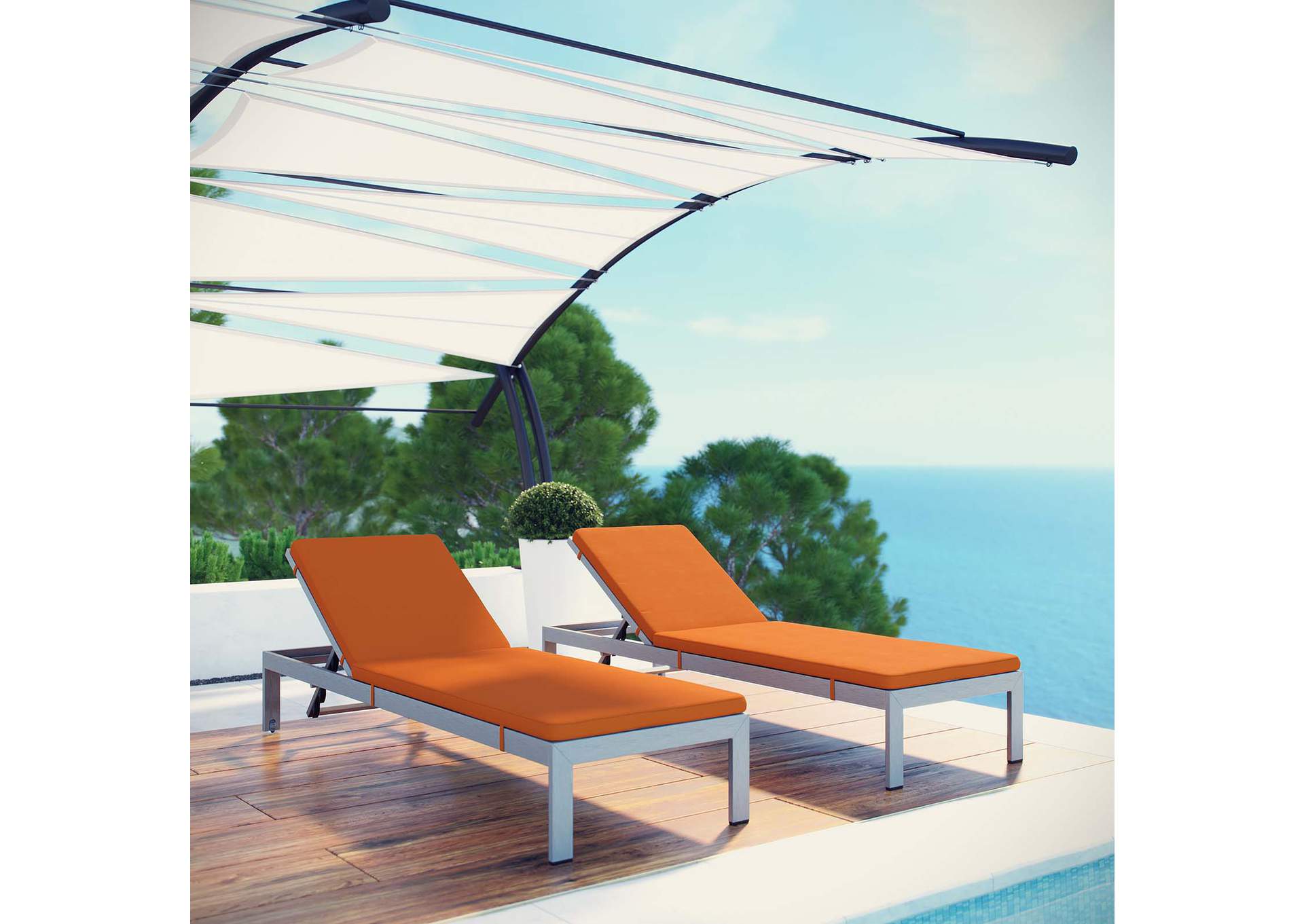 Silver Orange Shore Chaise with Cushions Outdoor Patio Aluminum [Set of 2],Modway