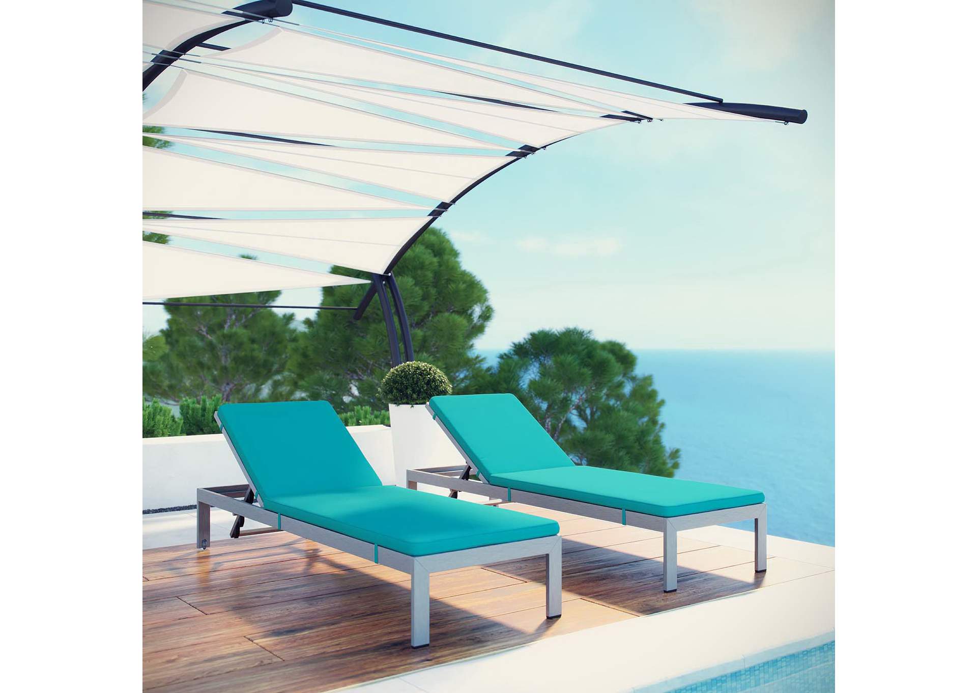Silver Turquoise Shore Chaise with Cushions Outdoor Patio Aluminum [Set of 2],Modway