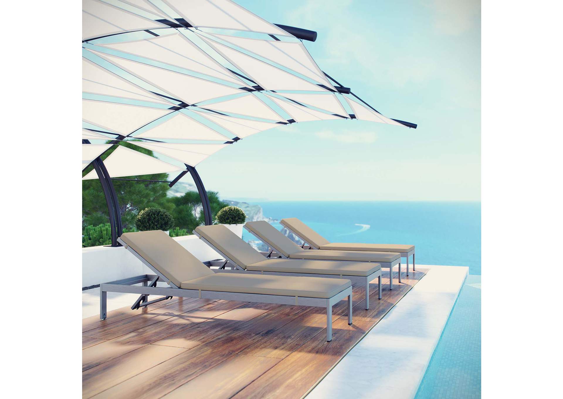 Silver Beige Shore Chaise with Cushions Outdoor Patio Aluminum [Set of 4],Modway