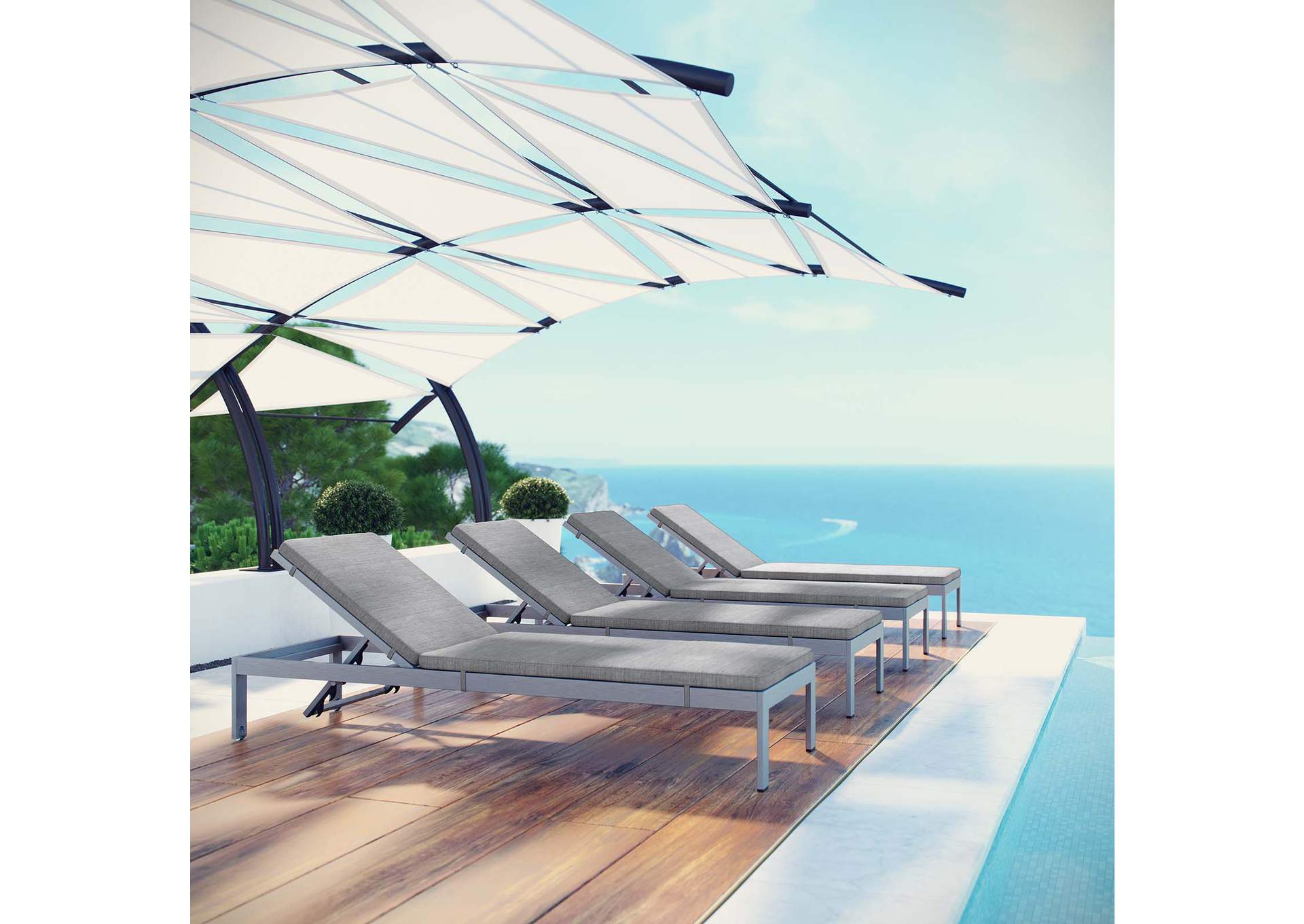 Silver Gray Shore Chaise with Cushions Outdoor Patio Aluminum [Set of 4],Modway