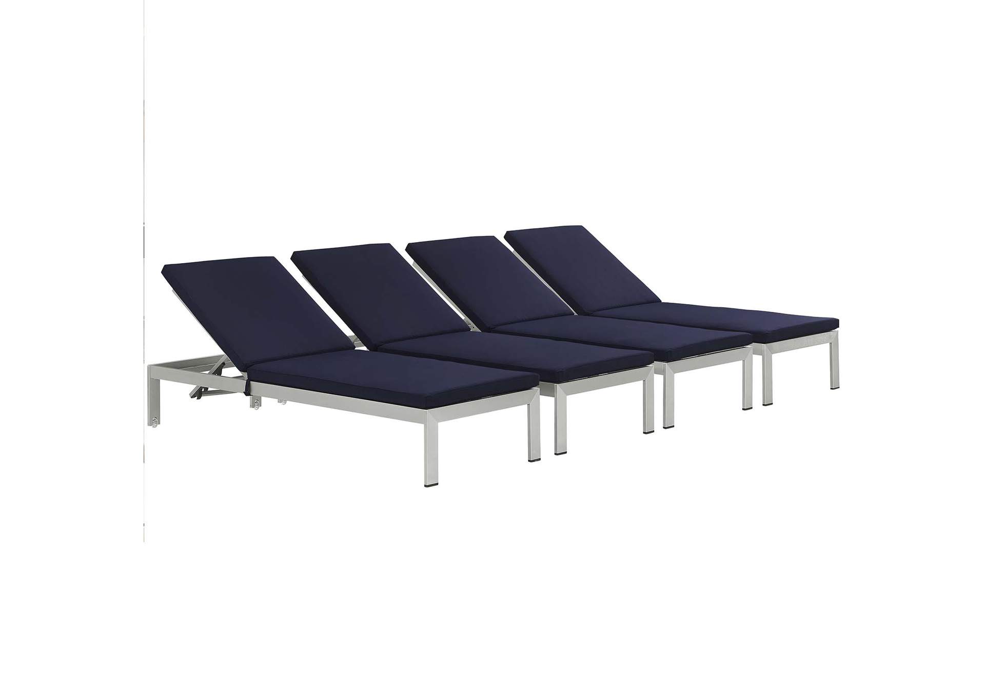 Silver Navy Shore Chaise with Cushions Outdoor Patio Aluminum [Set of 4],Modway