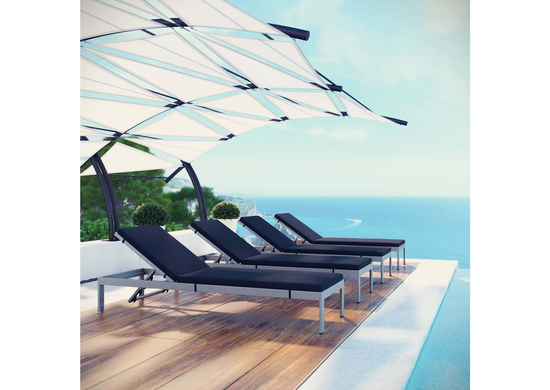 Silver Navy Shore Chaise with Cushions Outdoor Patio Aluminum [Set of 4],Modway
