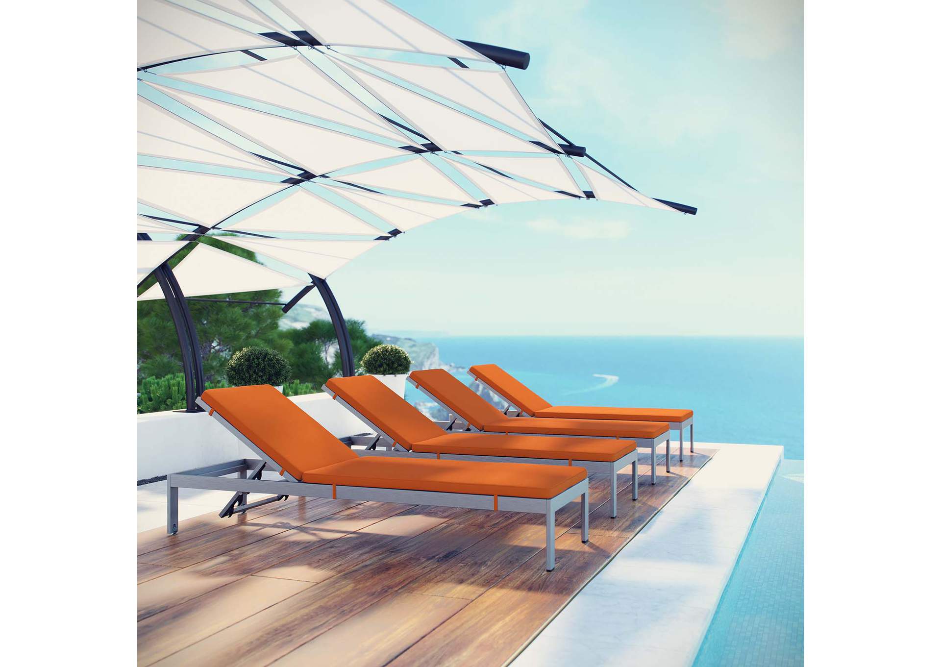 Silver Orange Shore Chaise with Cushions Outdoor Patio Aluminum [Set of 4],Modway