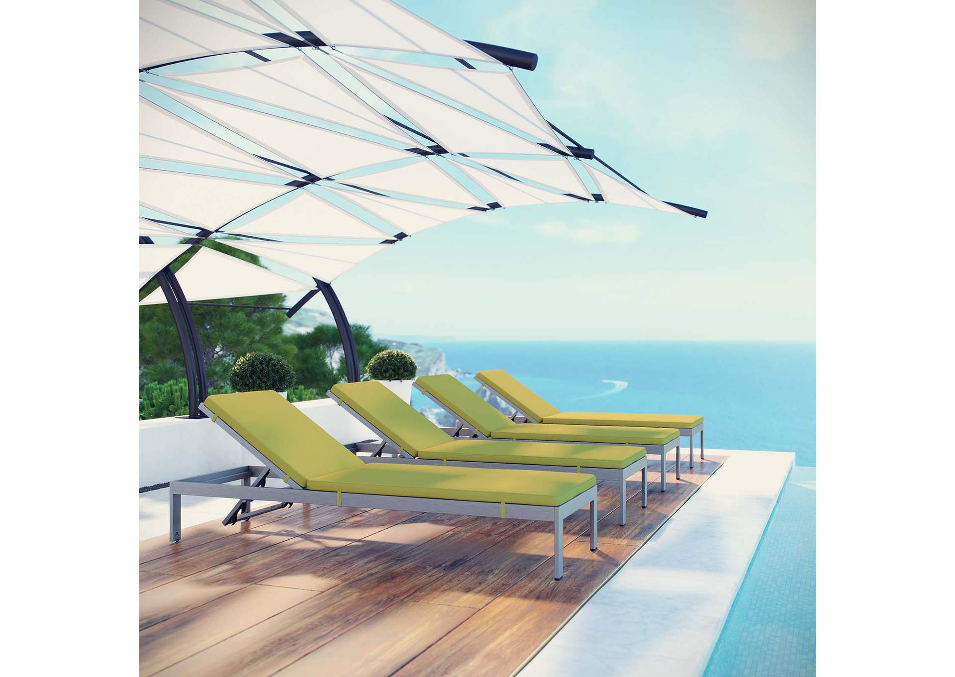 Silver Peridot Shore Chaise with Cushions Outdoor Patio Aluminum [Set of 4],Modway