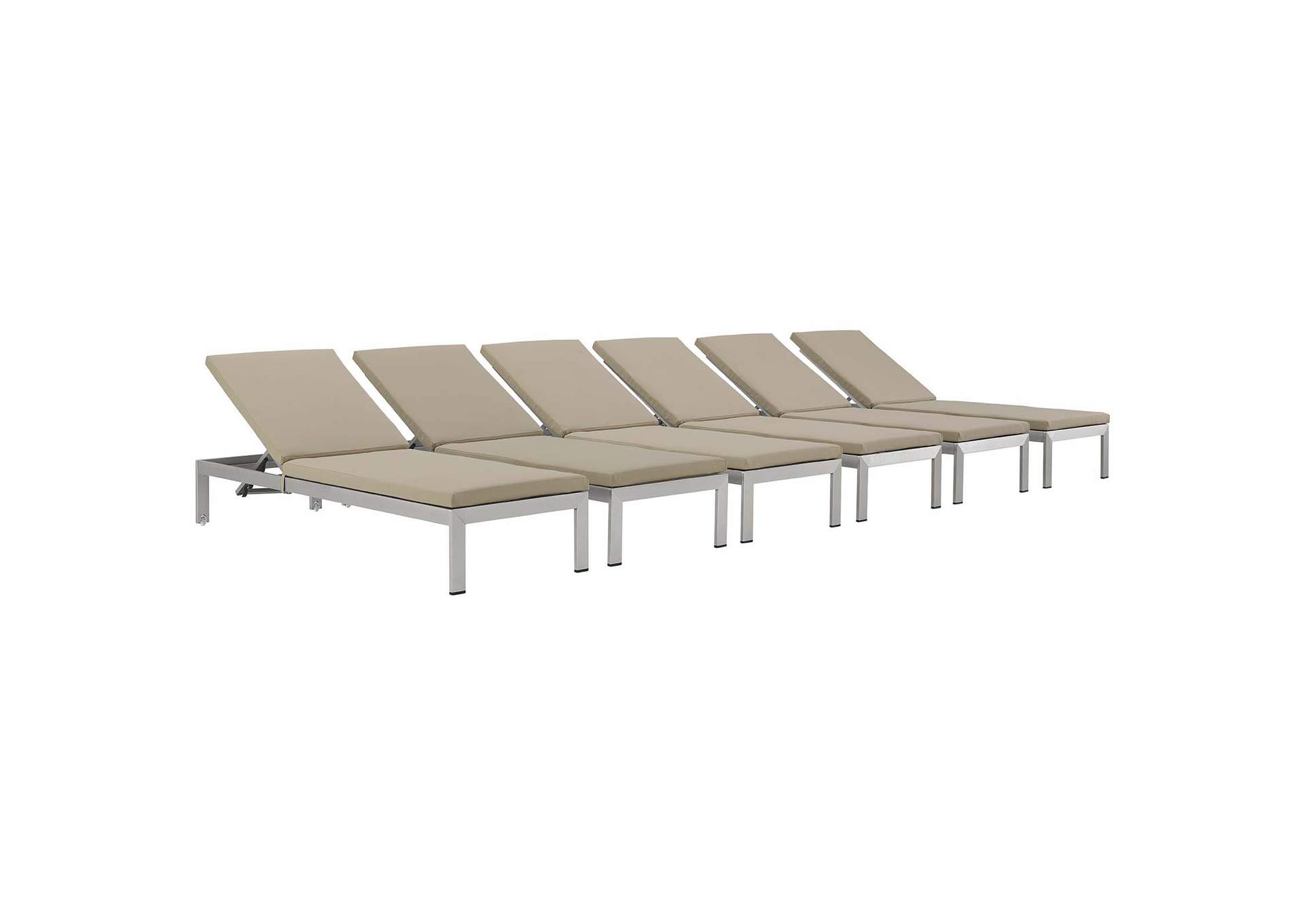 Silver Beige Shore Chaise with Cushions Outdoor Patio Aluminum [Set of 6],Modway