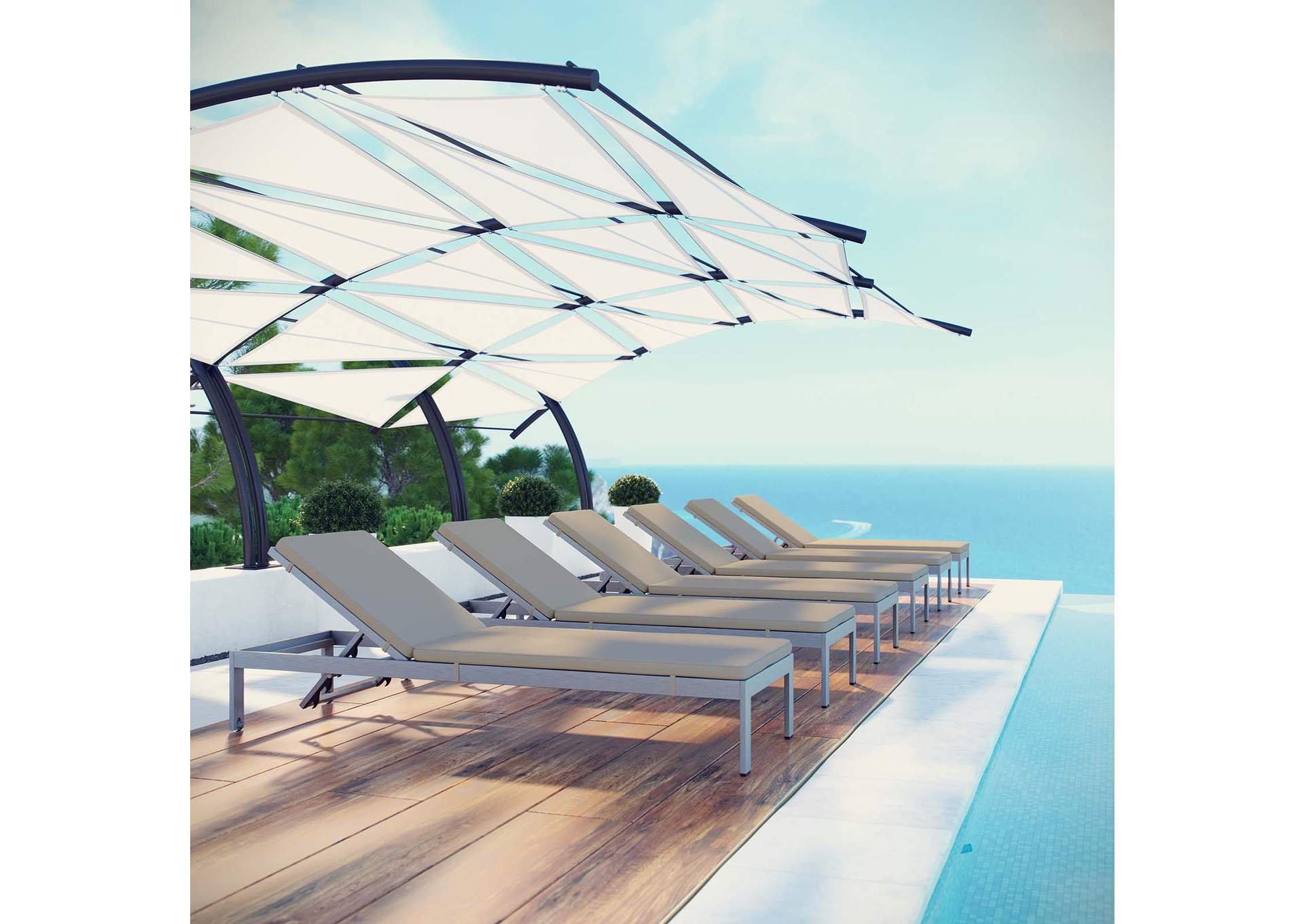 Silver Beige Shore Chaise with Cushions Outdoor Patio Aluminum [Set of 6],Modway