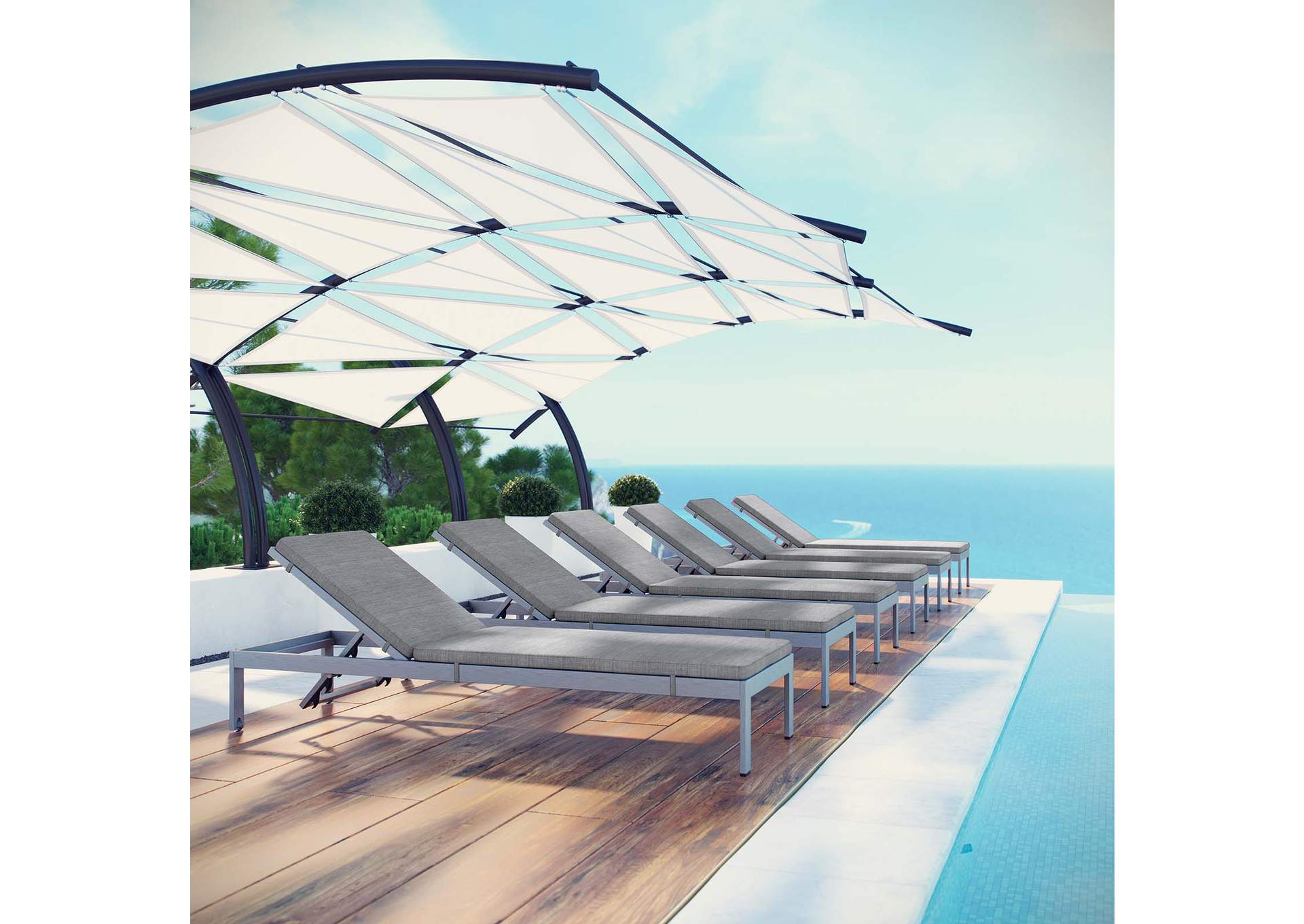 Silver Gray Shore Chaise with Cushions Outdoor Patio Aluminum [Set of 6],Modway