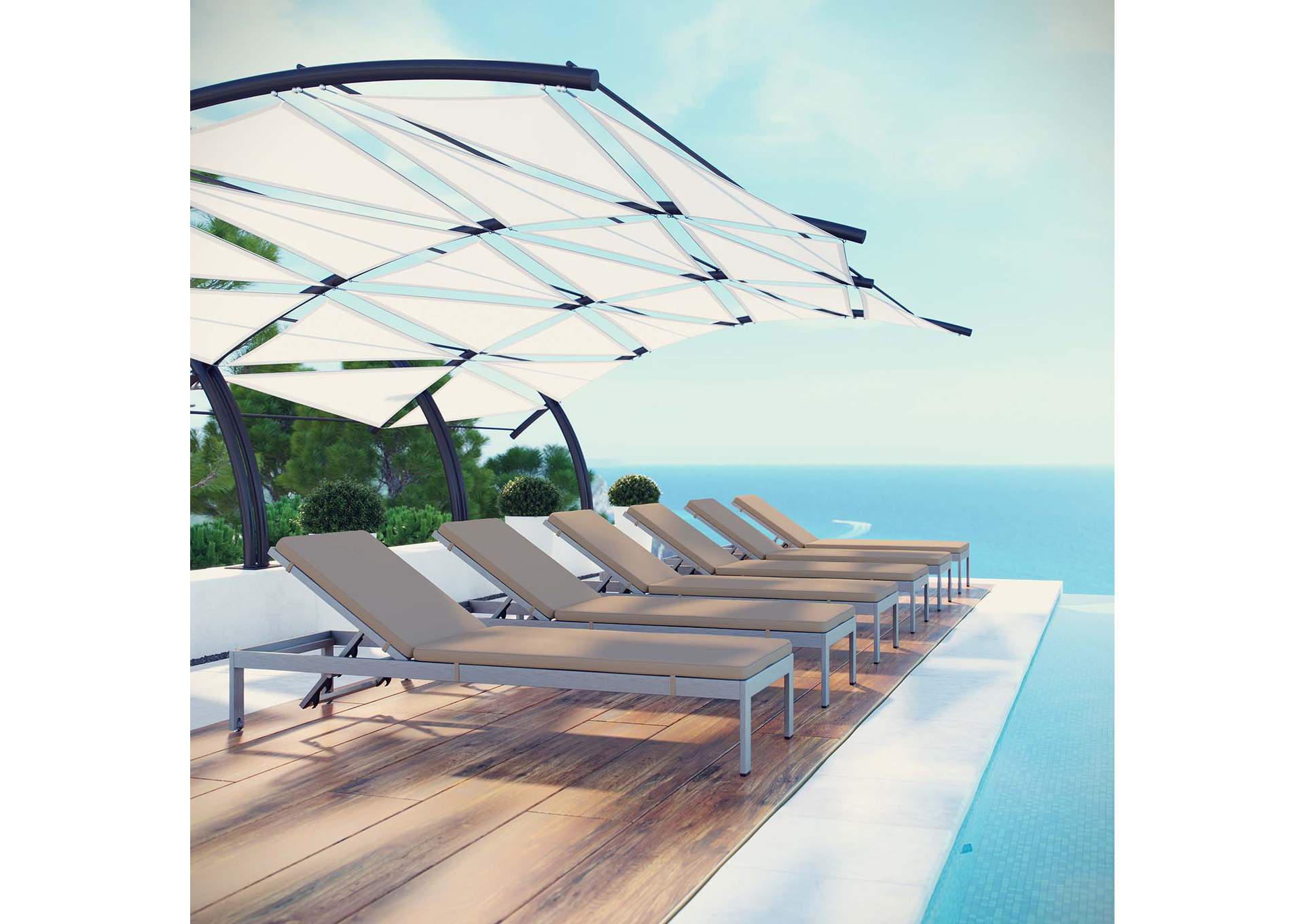 Silver Mocha Shore Chaise with Cushions Outdoor Patio Aluminum [Set of 6],Modway