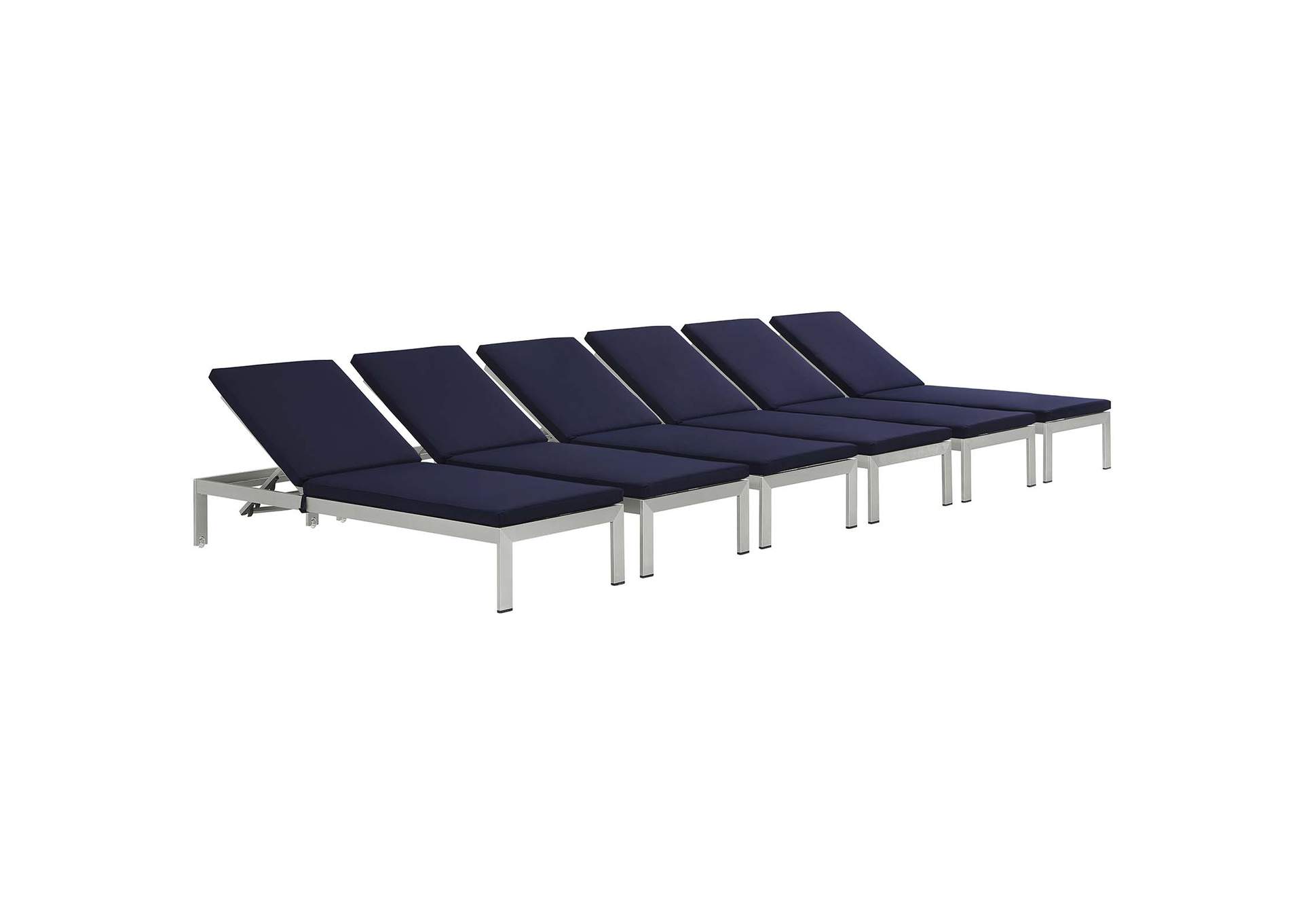 Silver Navy Shore Chaise with Cushions Outdoor Patio Aluminum [Set of 6],Modway