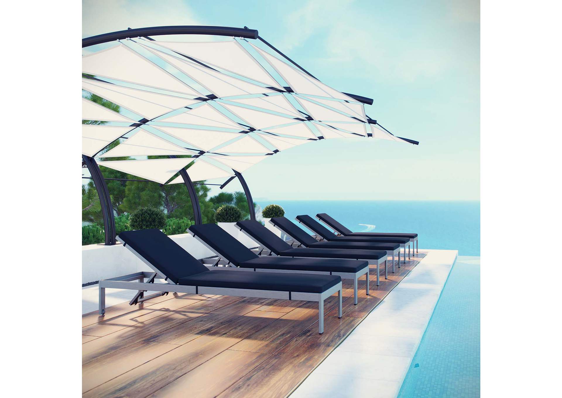 Silver Navy Shore Chaise with Cushions Outdoor Patio Aluminum [Set of 6],Modway