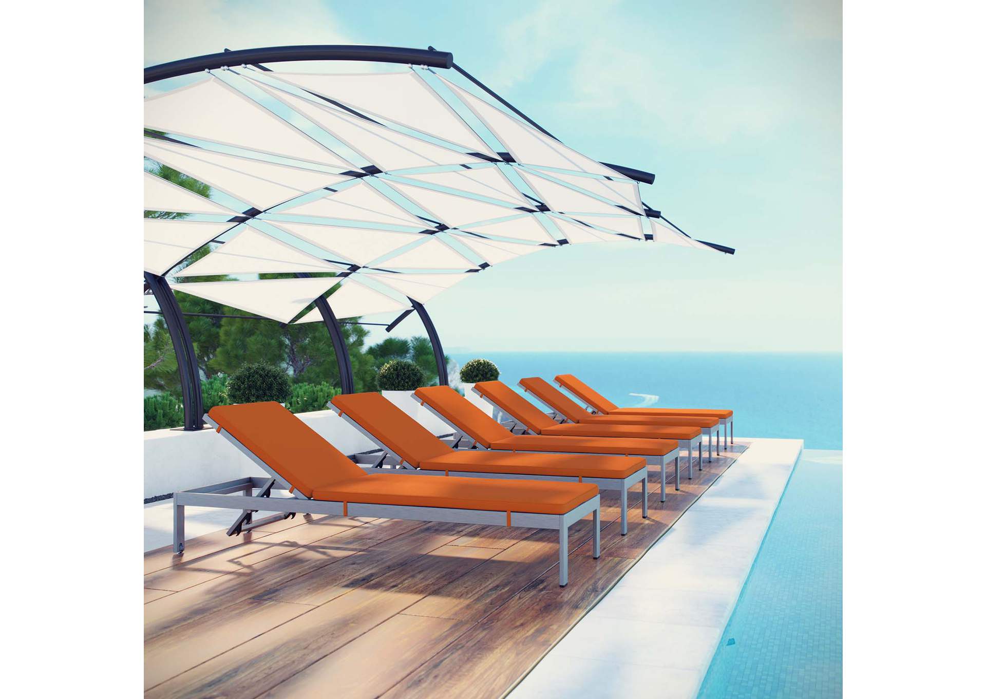 Silver Orange Shore Chaise with Cushions Outdoor Patio Aluminum [Set of 6],Modway