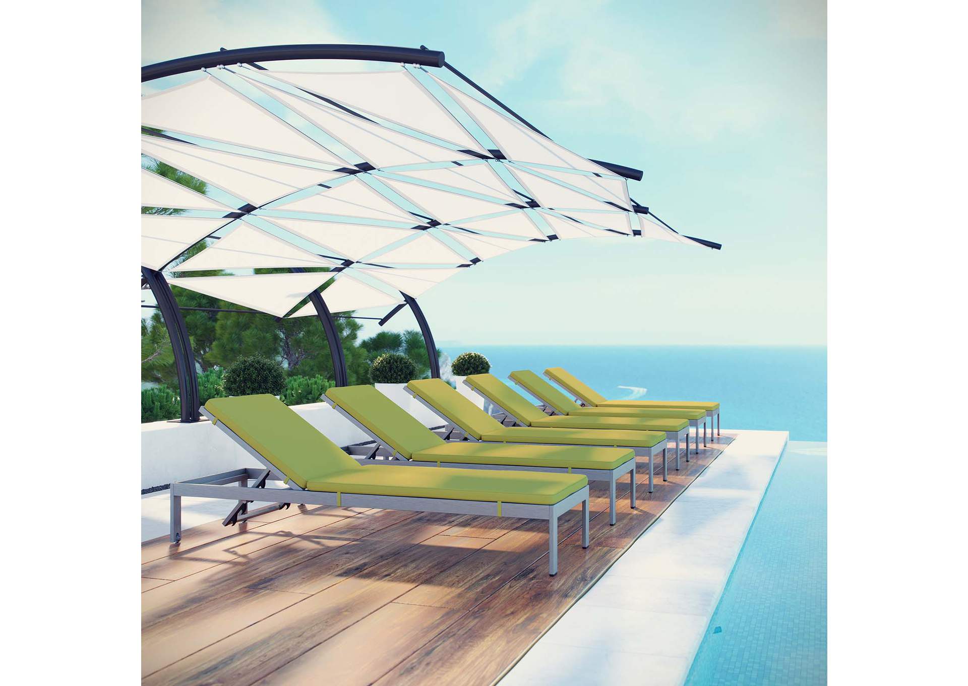Silver Peridot Shore Chaise with Cushions Outdoor Patio Aluminum [Set of 6],Modway