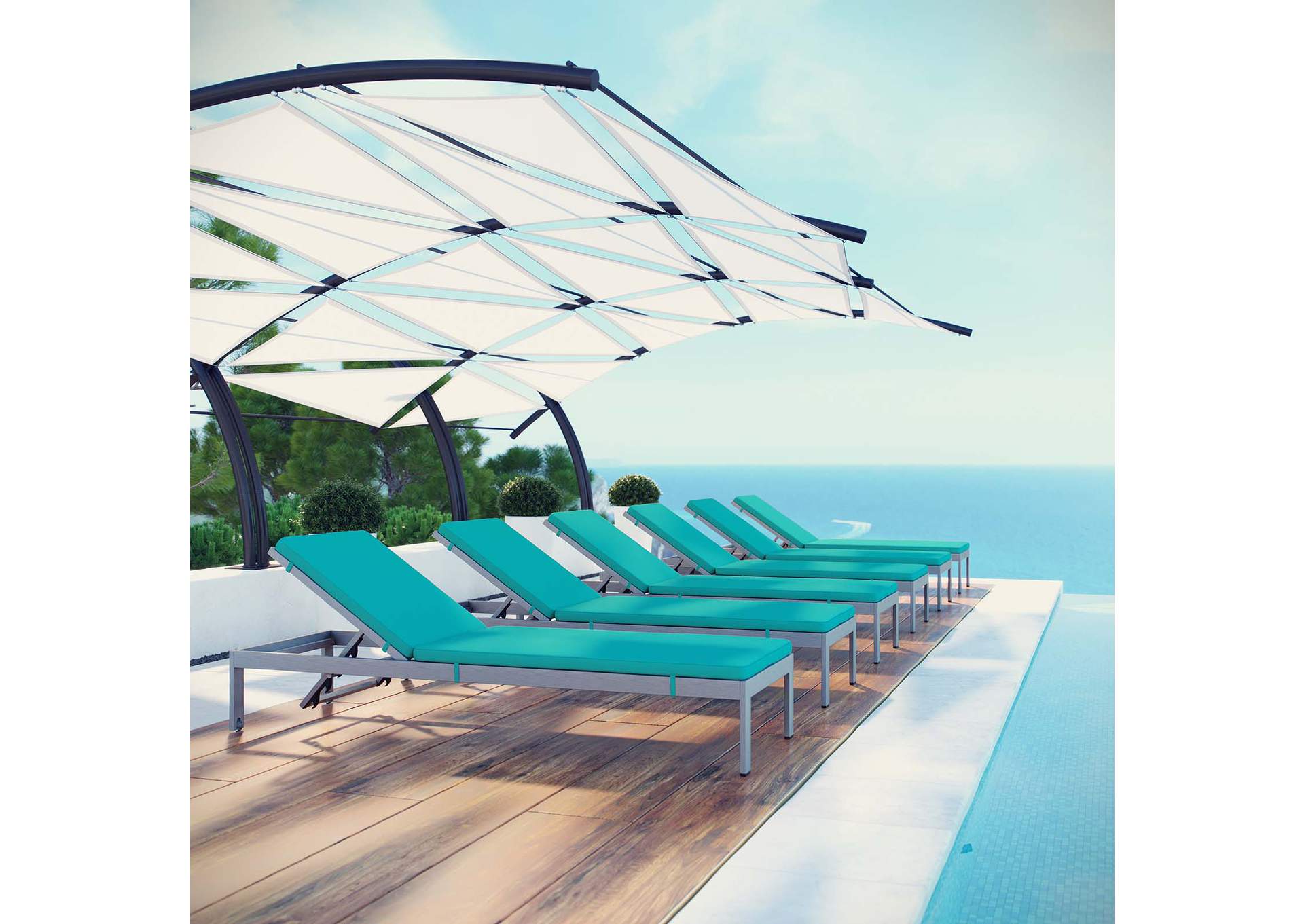 Silver Turquoise Shore Chaise with Cushions Outdoor Patio Aluminum [Set of 6],Modway