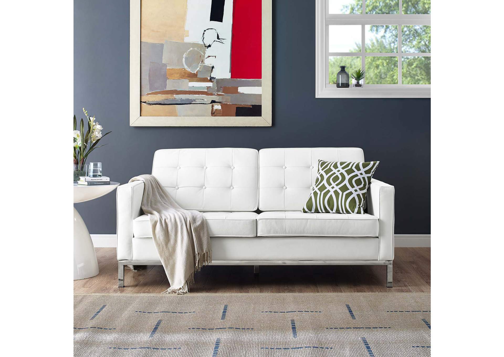 Cream White Loft Leather Loveseat,Modway