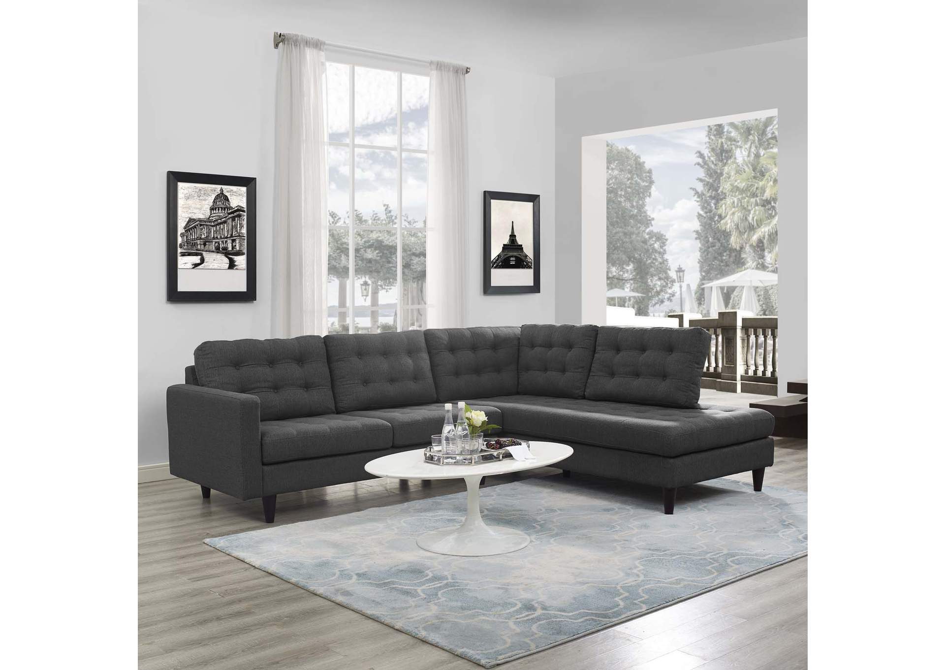 Gray Empress 2 Piece Upholstered Fabric Right Facing Bumper Sectional,Modway