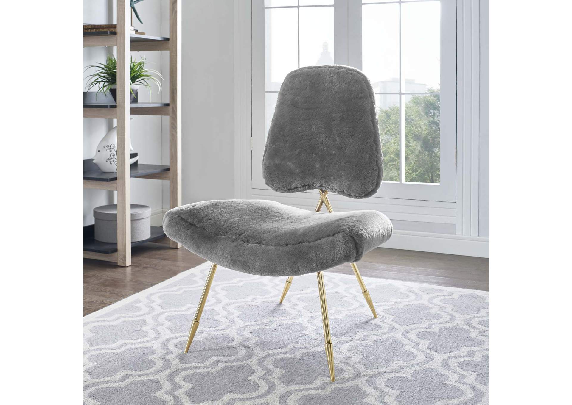 Gray Ponder Upholstered Sheepskin Fur Lounge Chair,Modway