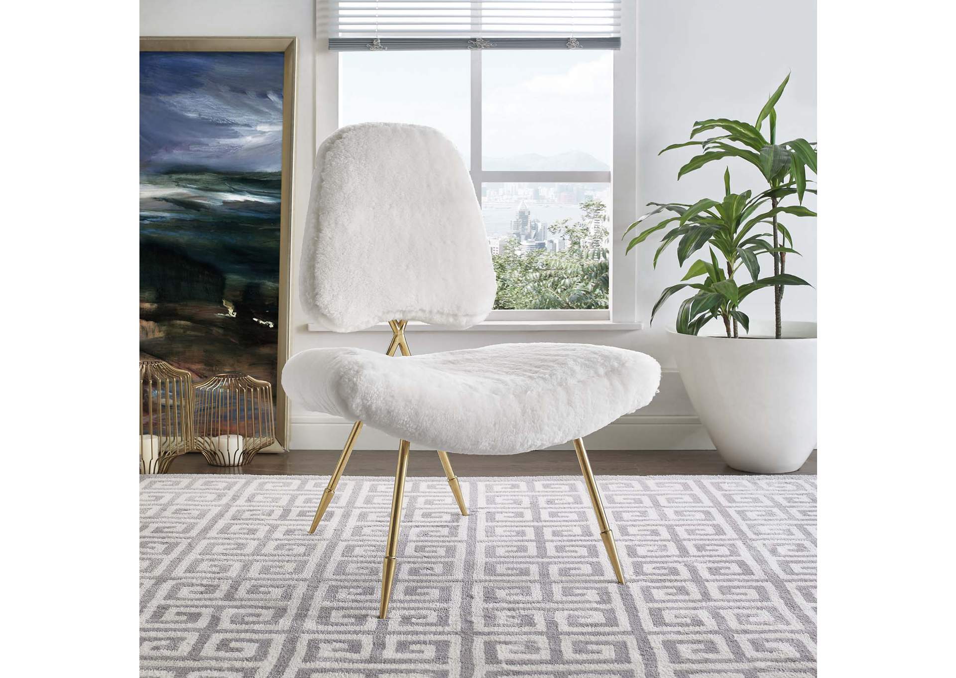 White Ponder Upholstered Sheepskin Fur Lounge Chair,Modway