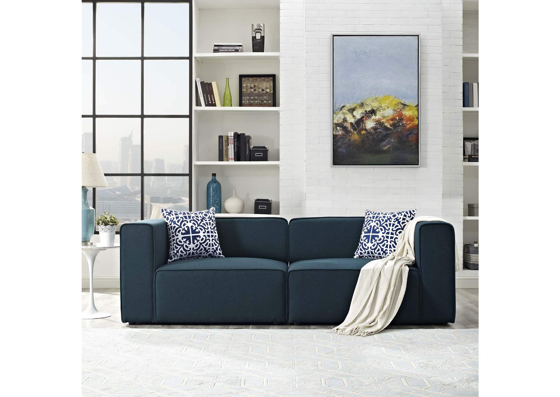 Blue Mingle 2 Piece Upholstered Fabric Sectional Sofa Set,Modway