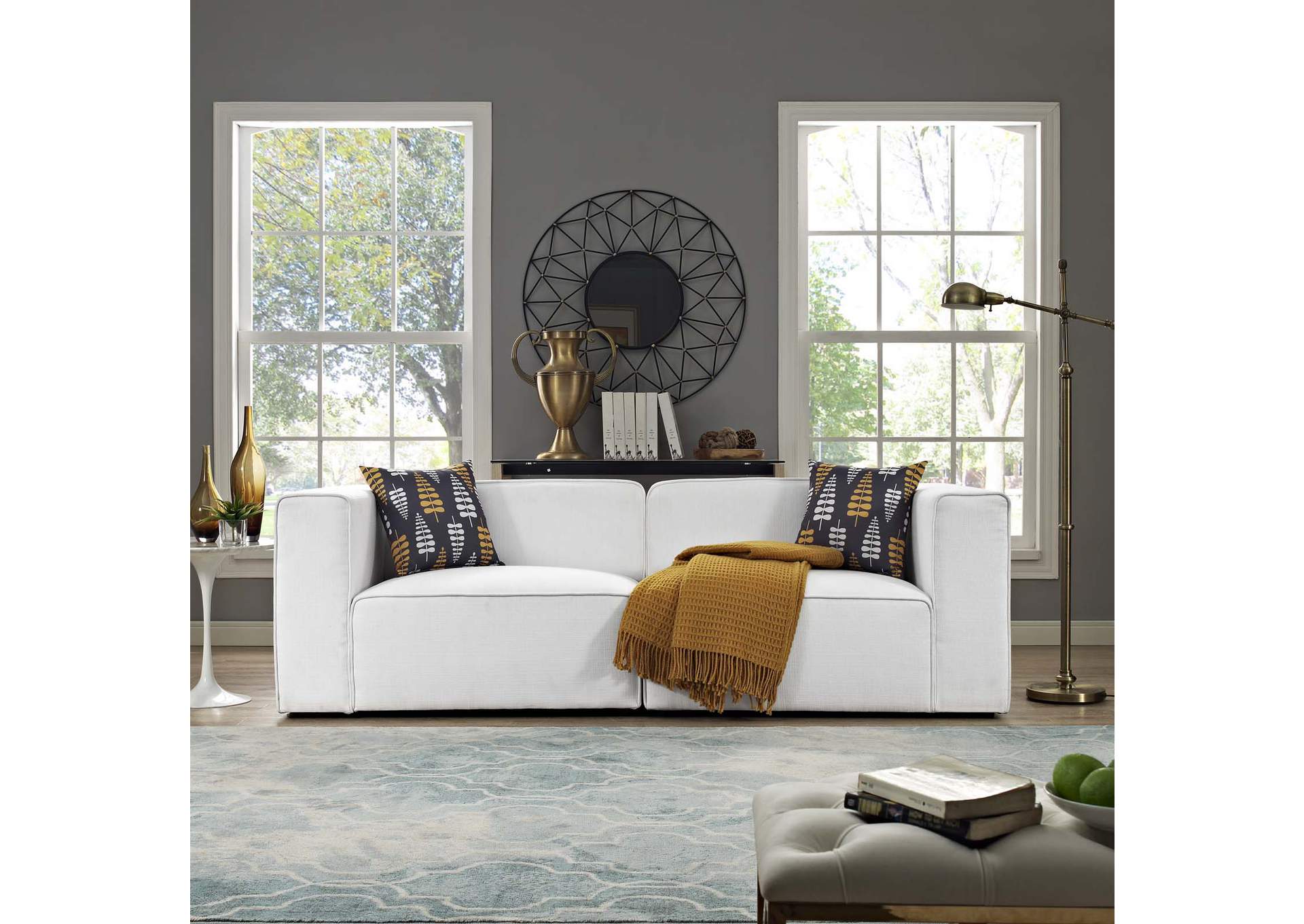 White Mingle 2 Piece Upholstered Fabric Sectional Sofa Set,Modway