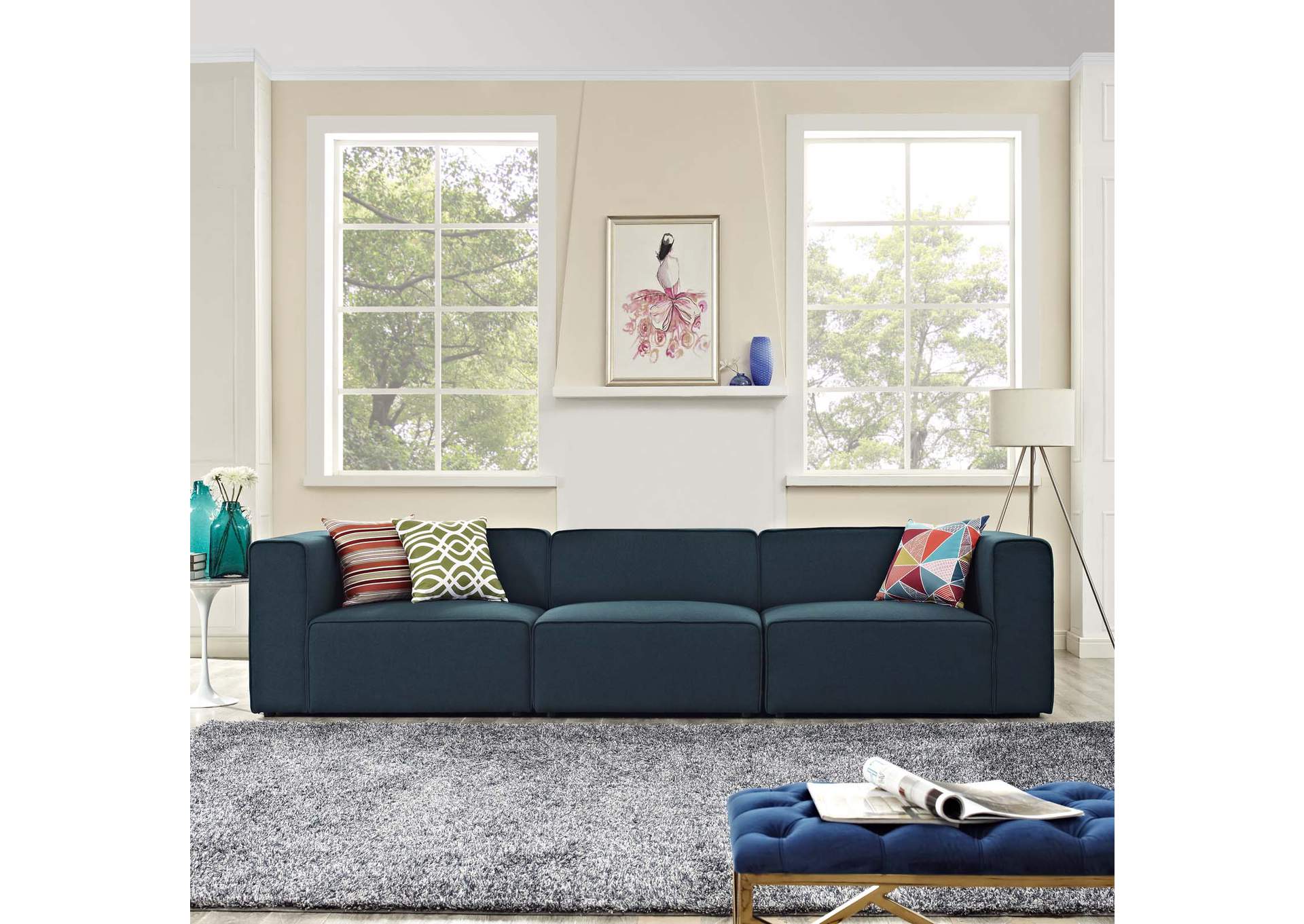 Blue Mingle 3 Piece Upholstered Fabric Sectional Sofa Set,Modway
