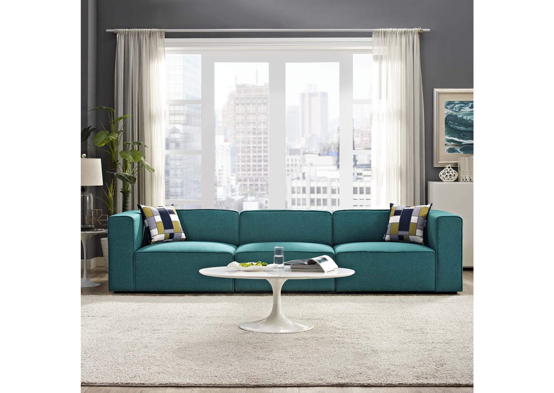 Teal Mingle 3 Piece Upholstered Fabric Sectional Sofa Set,Modway