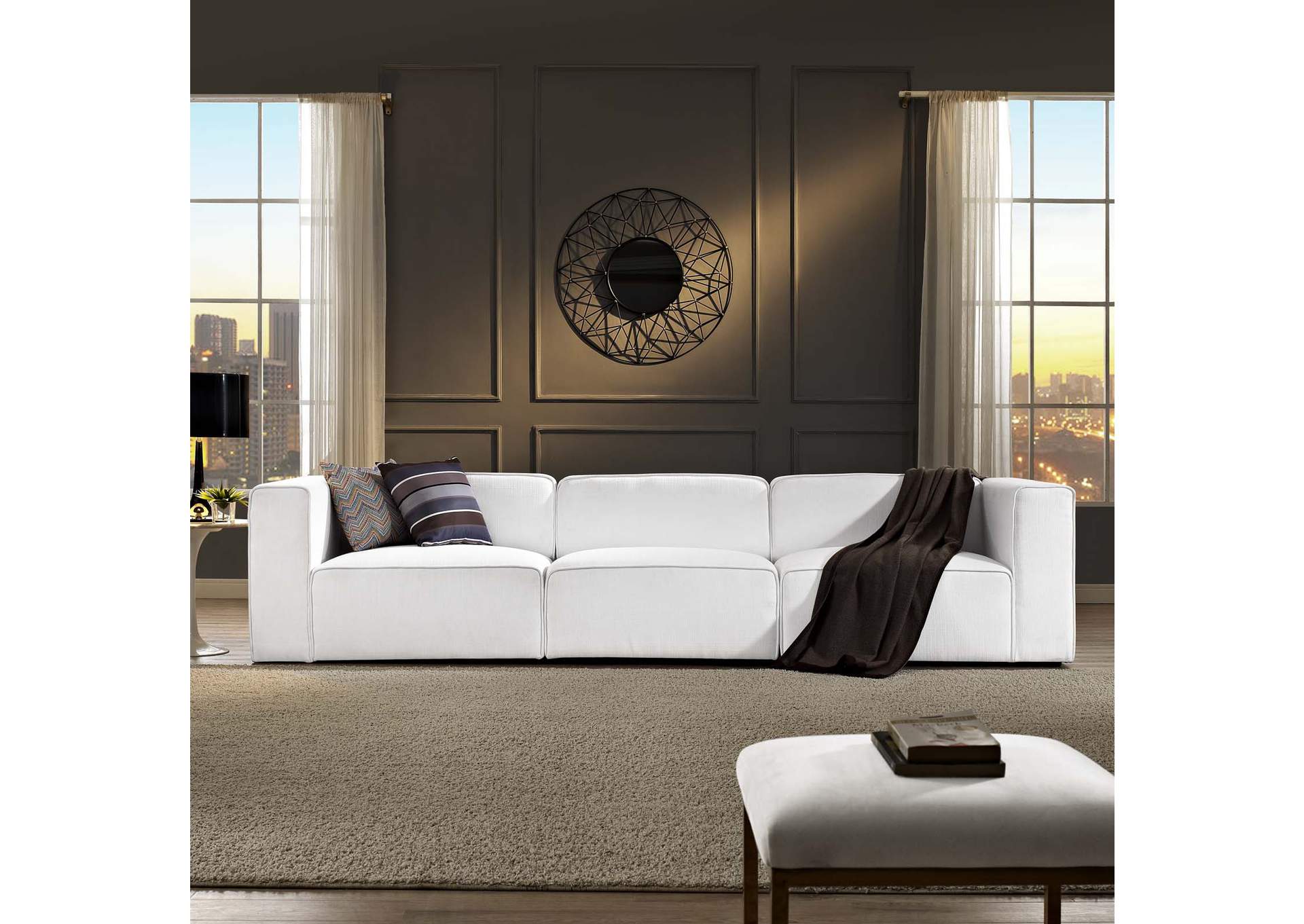 White Mingle 3 Piece Upholstered Fabric Sectional Sofa Set,Modway