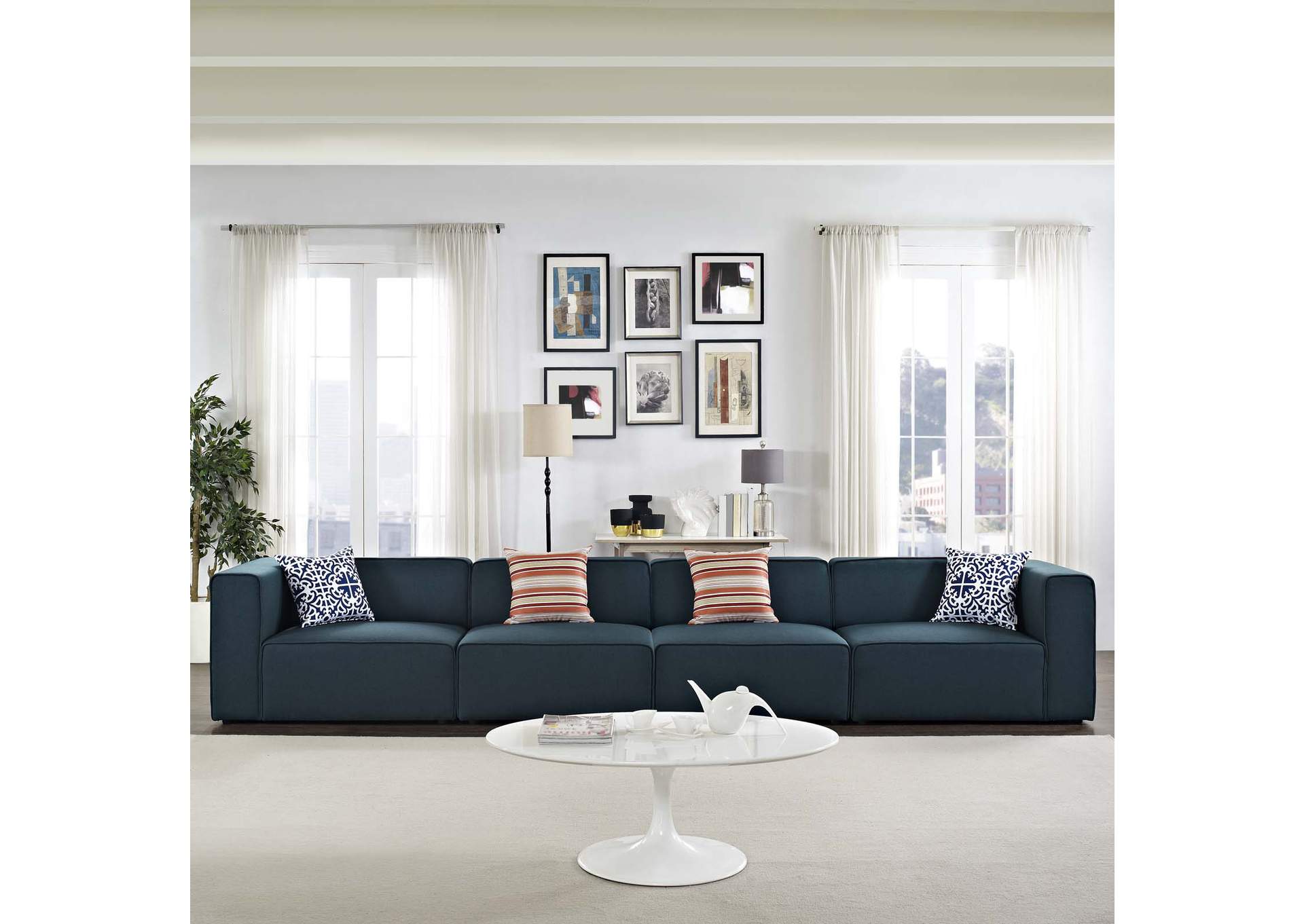 Blue Mingle 4 Piece Upholstered Fabric Sectional Sofa Set,Modway