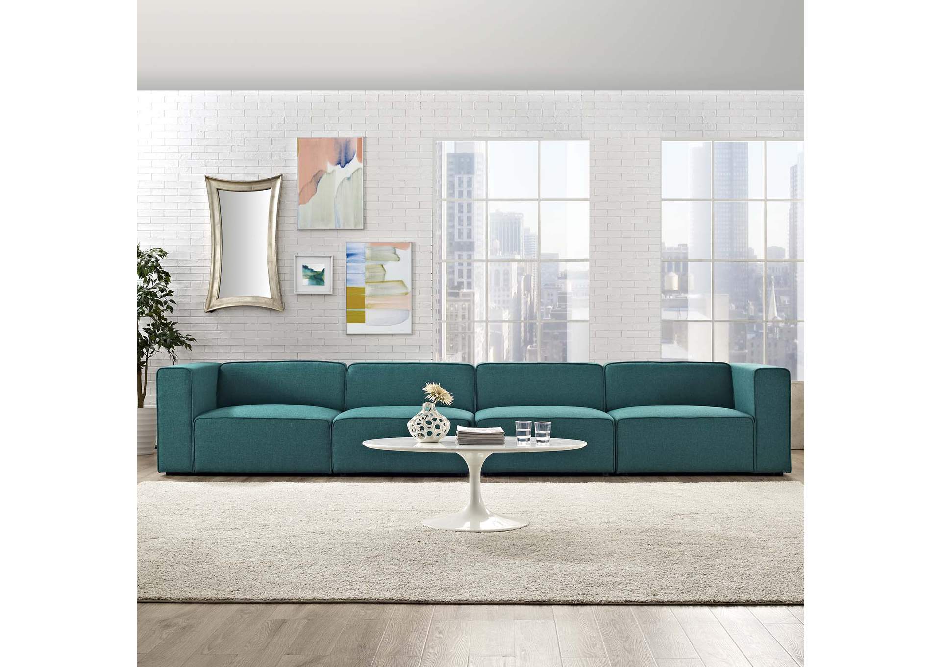 Teal Mingle 4 Piece Upholstered Fabric Sectional Sofa Set,Modway