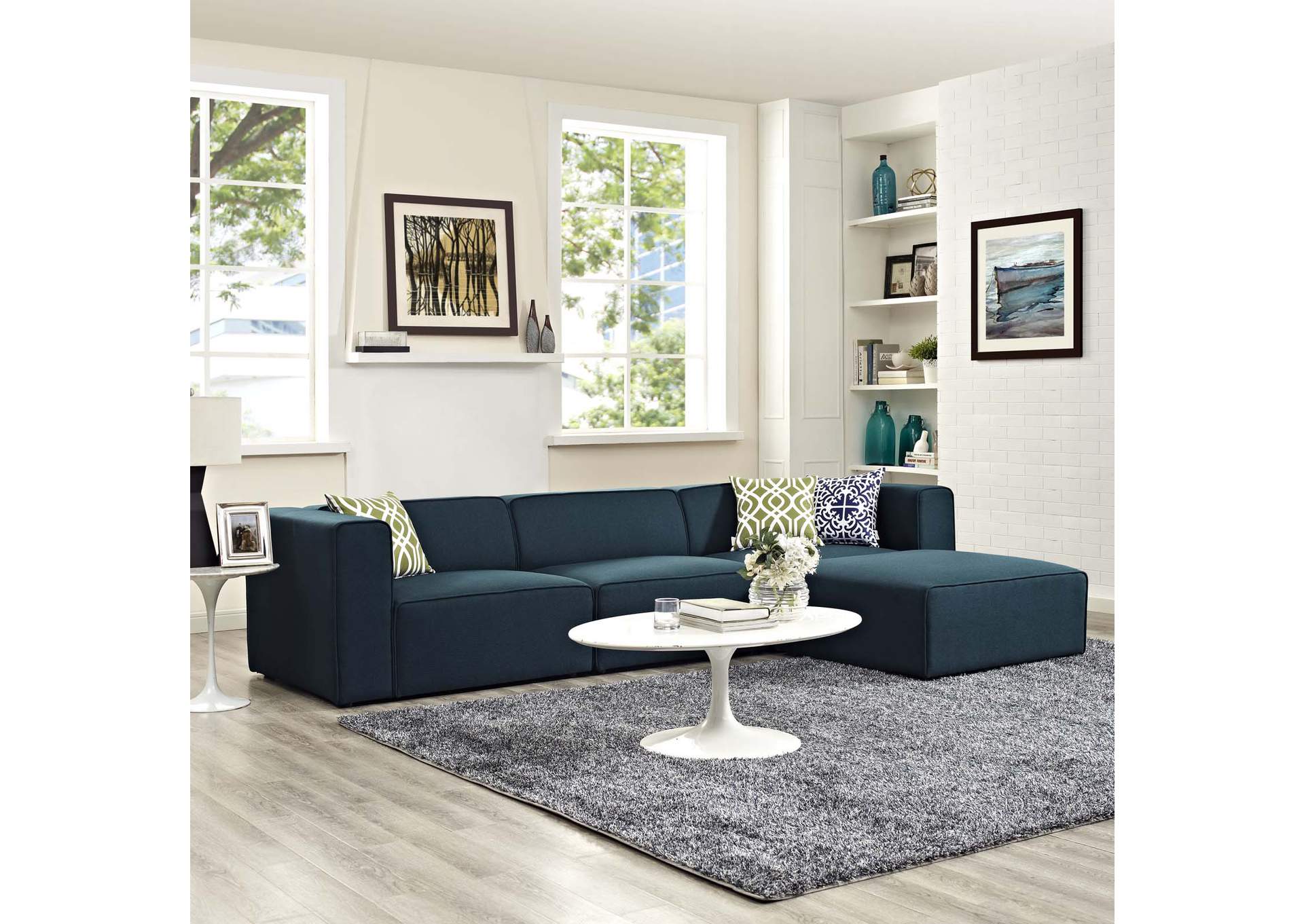 Blue Mingle 4 Piece Upholstered Fabric Sectional Sofa Set,Modway