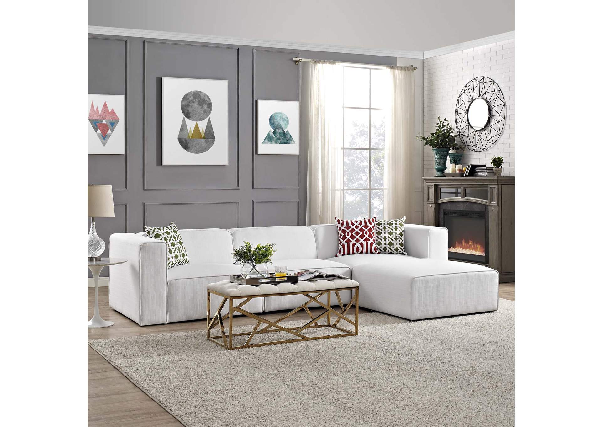 White Mingle 4 Piece Upholstered Fabric Sectional Sofa Set,Modway