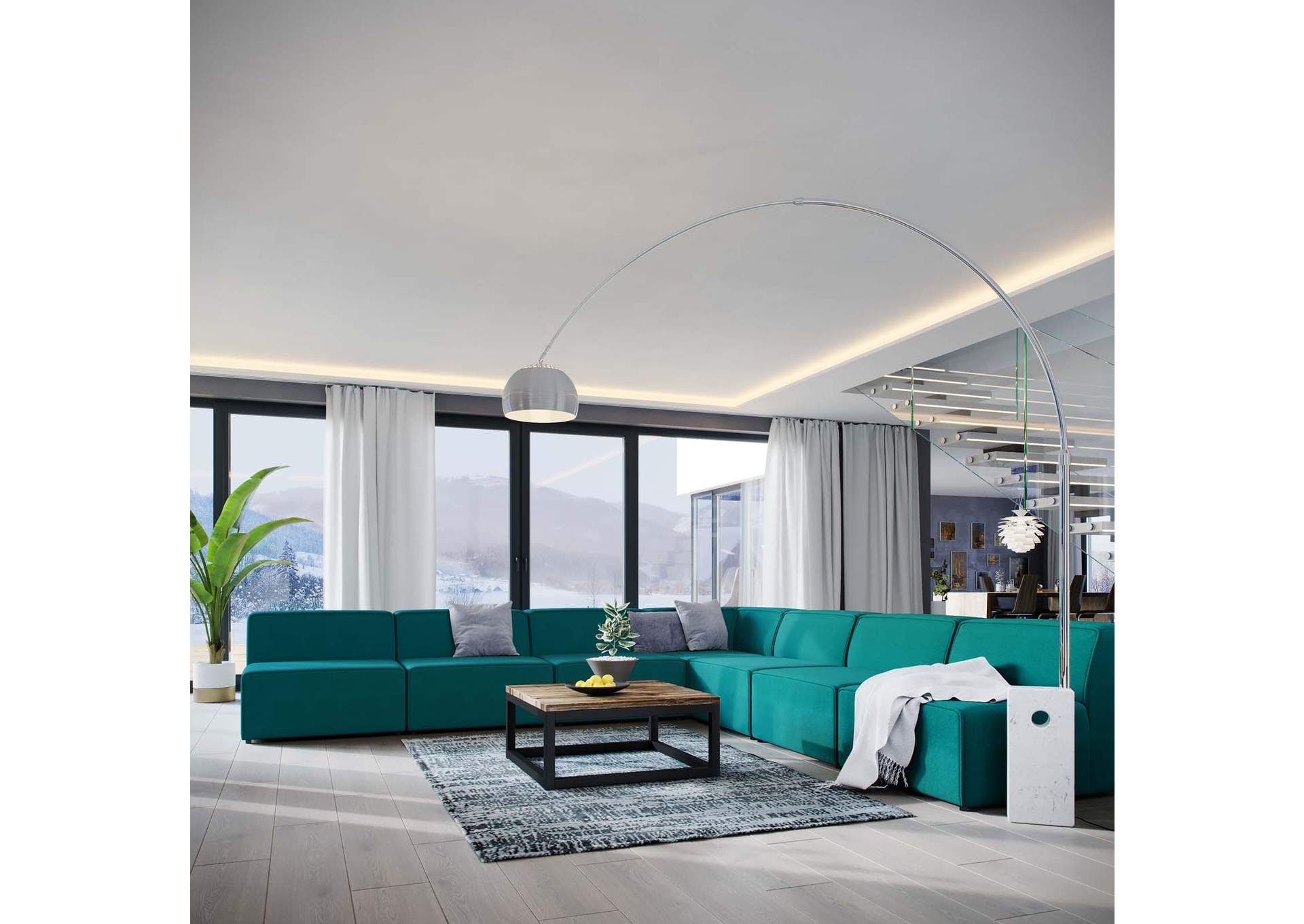 Teal Mingle 7 Piece Upholstered Fabric Sectional Sofa Set,Modway