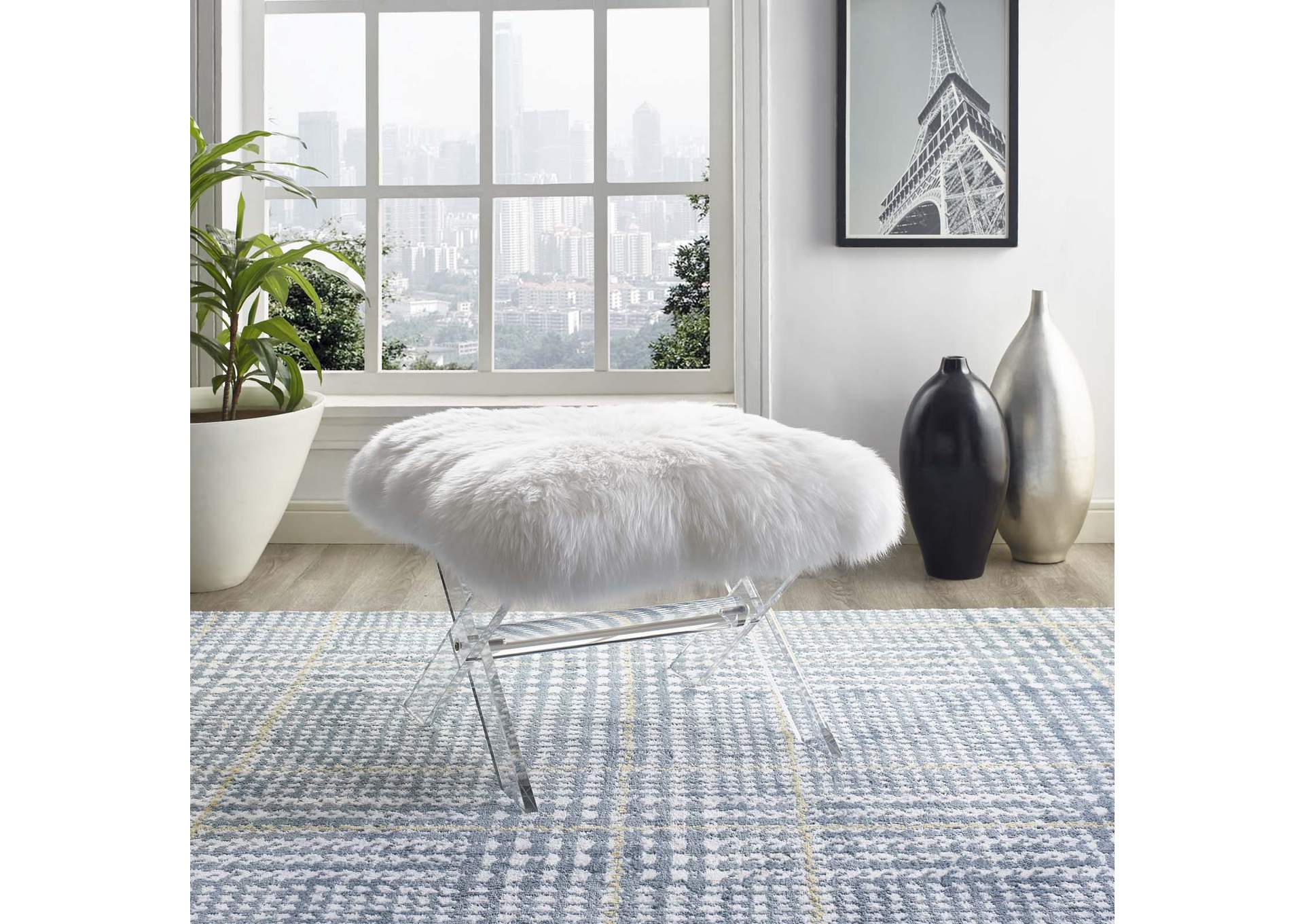 Clear White Swift Sheepskin Bench,Modway