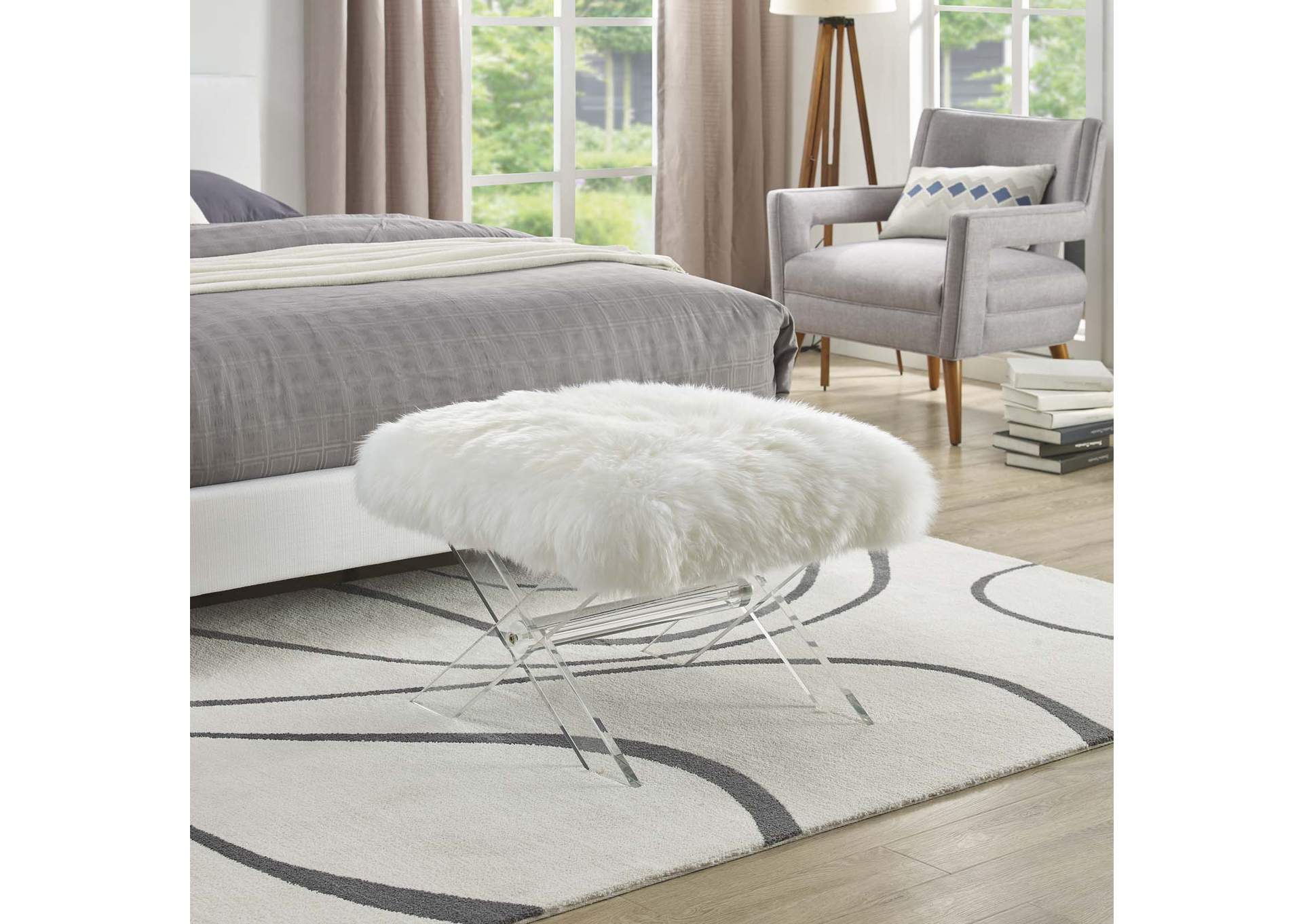Clear White Swift Sheepskin Bench,Modway