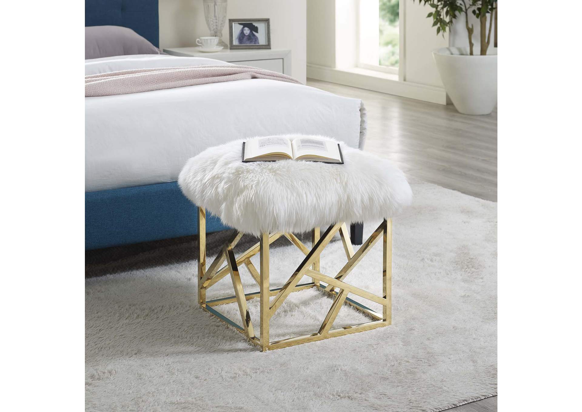 Gold White Intersperse Sheepskin Ottoman,Modway