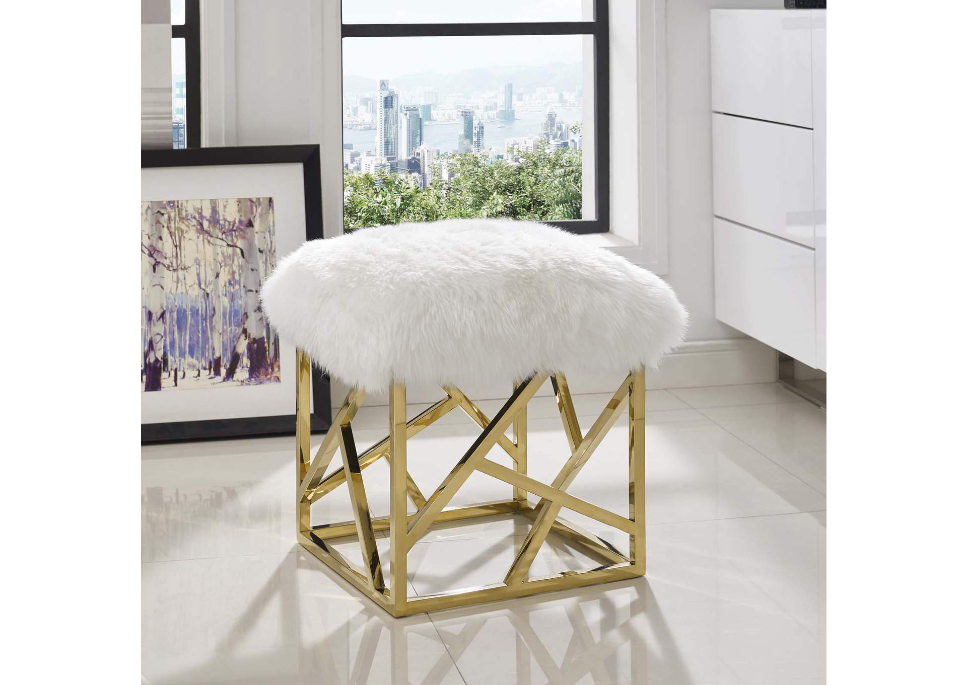 Gold White Intersperse Sheepskin Ottoman,Modway