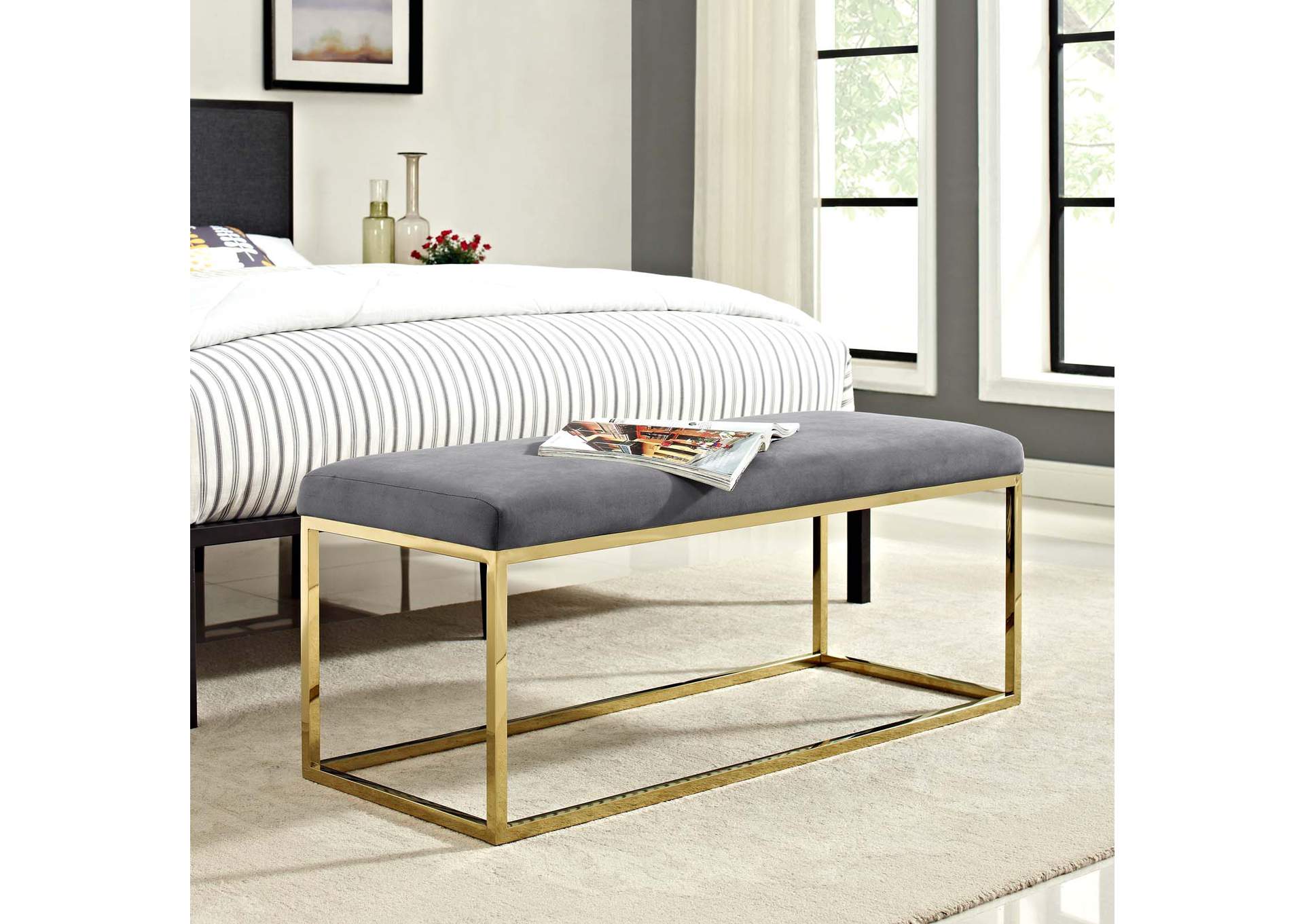 Gold Gray Anticipate Fabric Bench,Modway